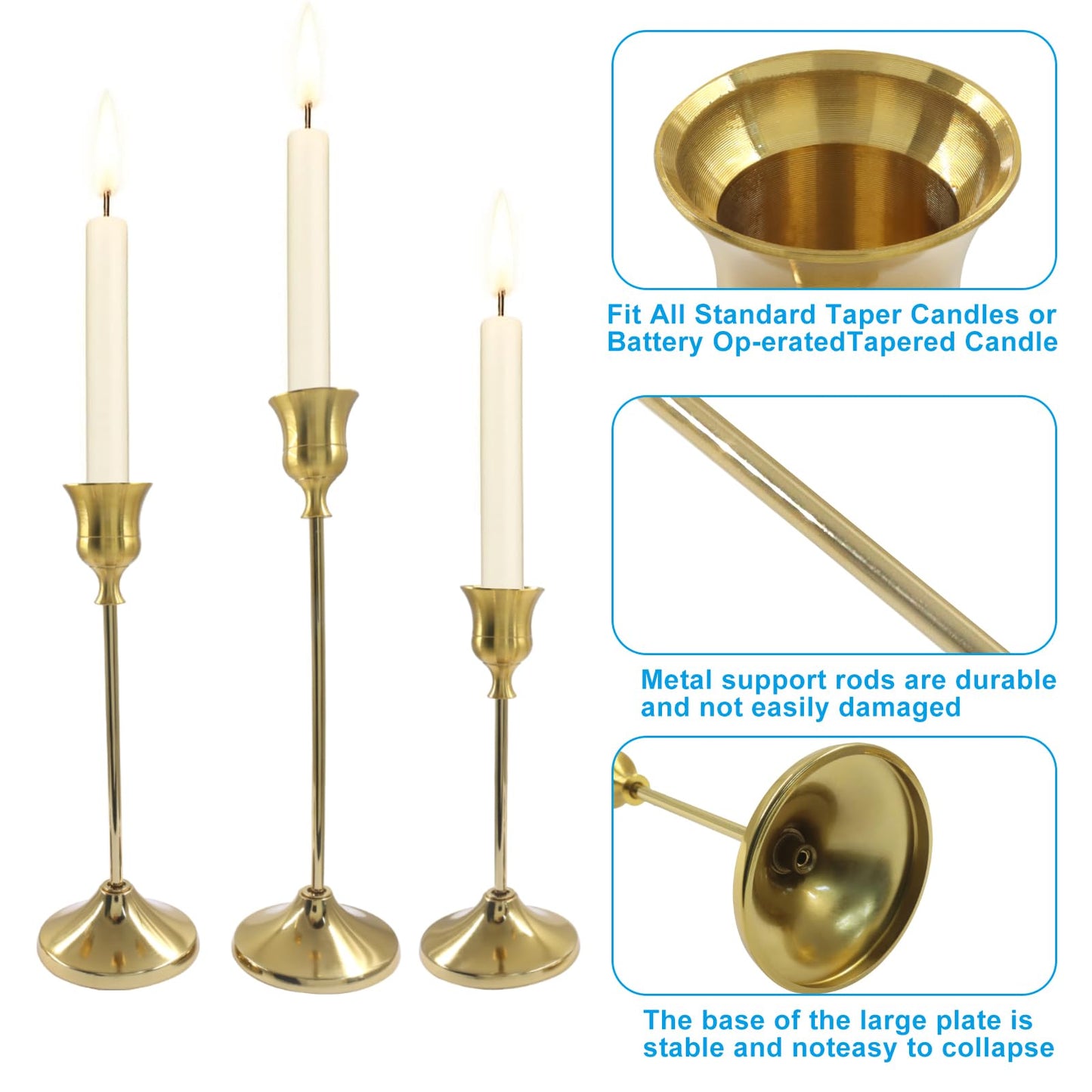 Wawory Brass Candlestick Holders, Metal Taper Candle Holder Candle Sticks for Table Mantel Festive Decorations, 2 Sets(6 Pcs)