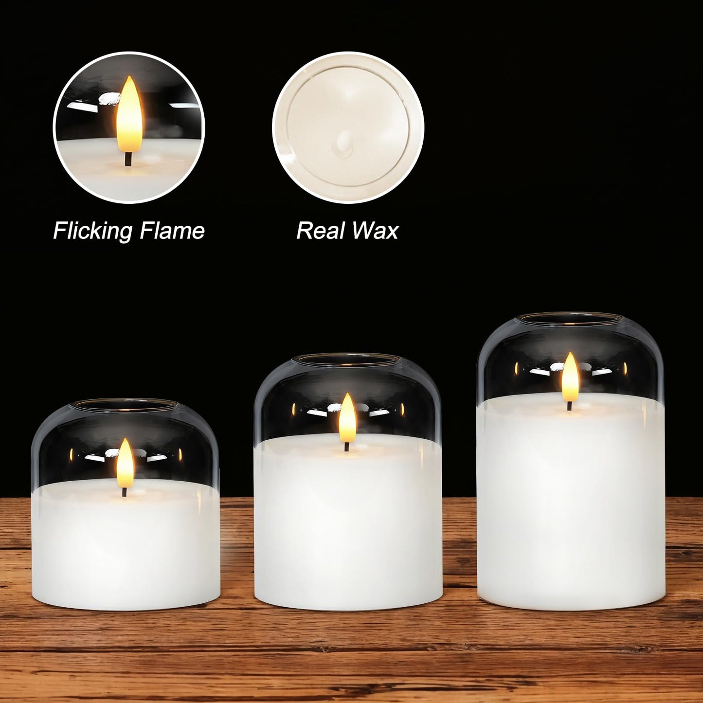 Homemory Glass Flameless Candles, Battery Operated Plliar Candles Realistic Flickering, LED Electric Light with Remote and Timer for Home, Christmas Decoration, White, Set of 3