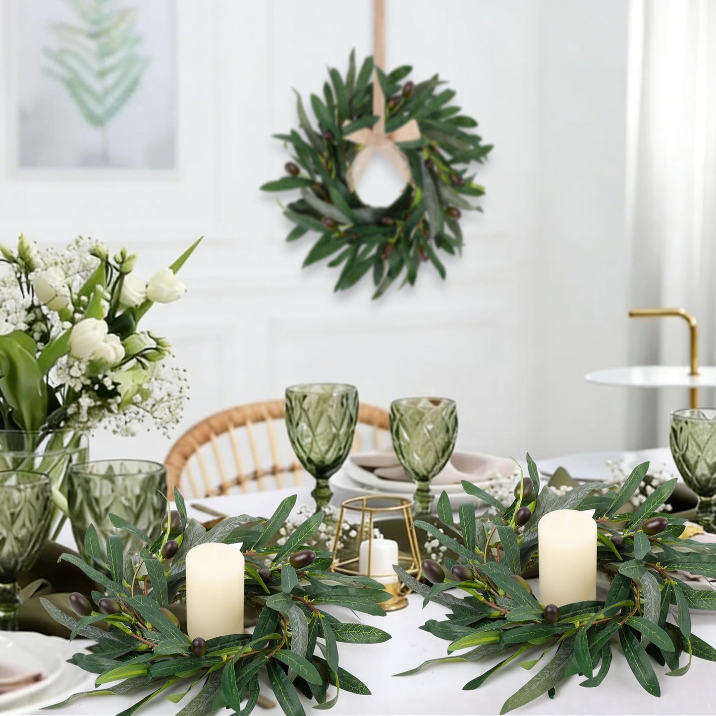 4 Pcs Artificial Green Olive Candle Rings Wreaths Greenery Wreath with Olive Leaves Spring Summer Kitchen Cabinet Wreath for Pillars Farmhouse Festival Wedding Celebrations Tabletop Decoration
