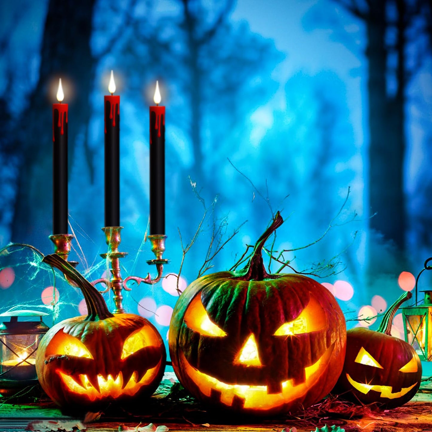 Eldnacele LED Flameless Taper Candles Battery Operated with Remote and Timer 3D Wick Flickering Blood Dripping Halloween Dinner Spooky Horror Home Decoration Set of 4 Black Candles, 0.78" x 8.9"