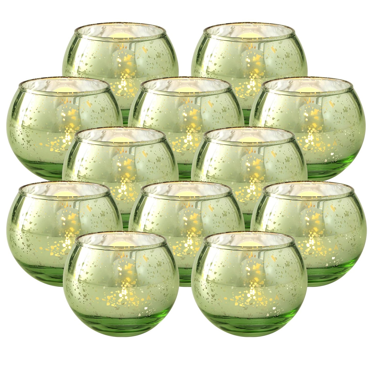 Volens Round Green Votive Candle Holders Set of 12, Green Wedding Centerpiece Table Decorations, Mercury Glass Tealight Candle Holder for Bridal Shower, Baby Shower & Home Decor