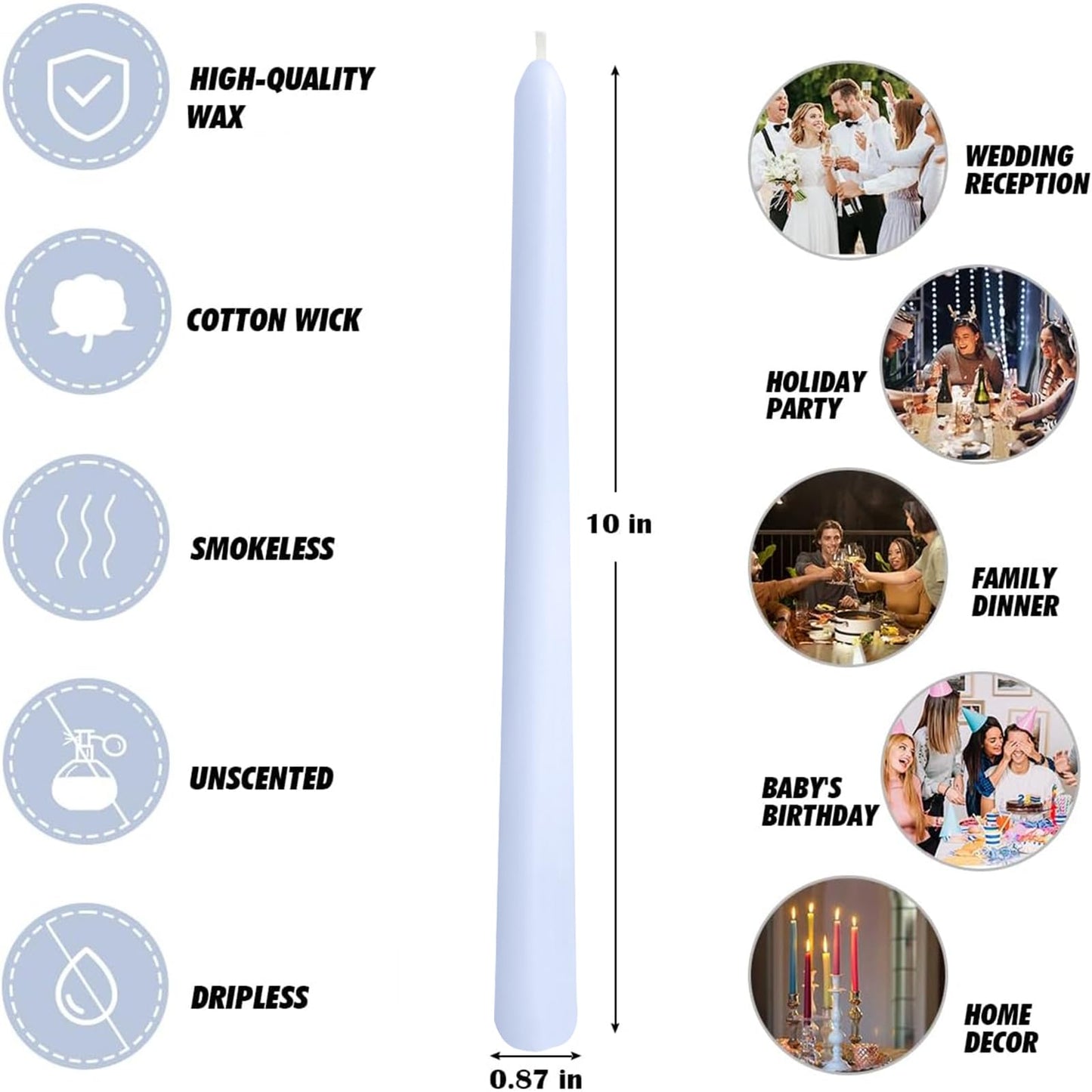12-Pack Pale Blue Taper Candles, 10 Inch Unscented Dripless Candlesticks, Long-Lasting Burn Time of 6-7 Hours, Perfect for Home Décor Weddings Babyshower and Events