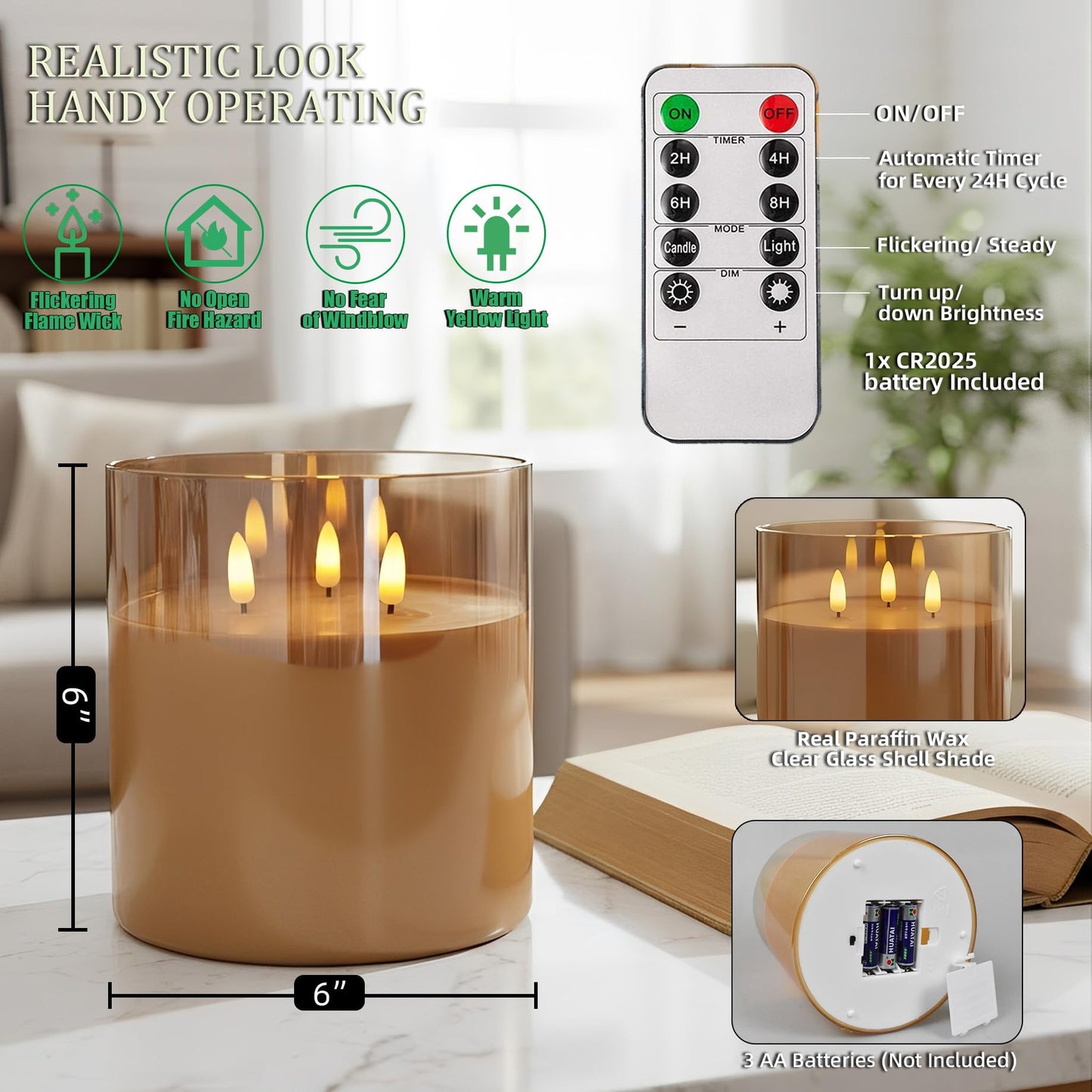 NICEME Extra Large 3 Wick Battery Operated Candle, 6"x6" Big Clear Glass Flameless Candles with Remote, Real Wax Flickering Led Pillar Fake Giant Candle for Wedding Party Holiday Home Decor, Gold