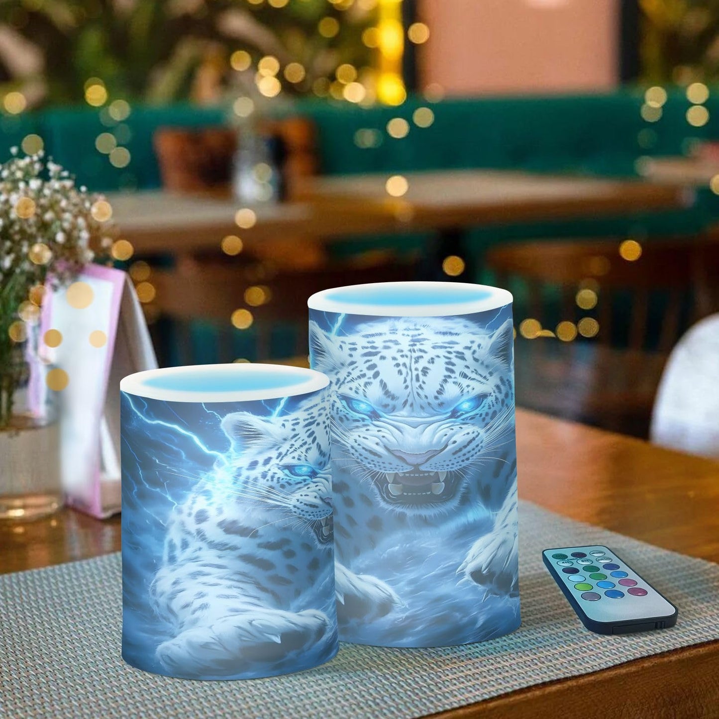 ALAZA Leopard Blue Fantasy Flickering Flameless Candles Pillar Led Candles Battery Operated Candles with Remote and Timers Set of 2