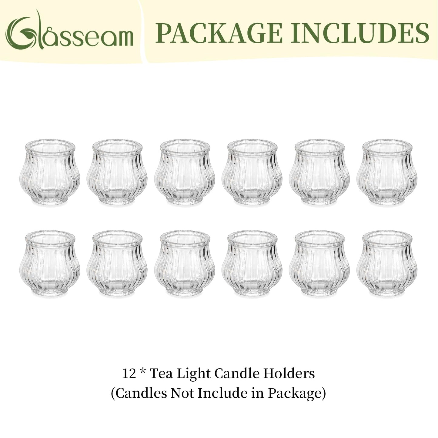 Glasseam Glass Tealight Candle Holder: 12 Pcs Ribbed Clear Votive Candle Holders Bulk for Wedding Centerpiece Christmas Table Decorations Party