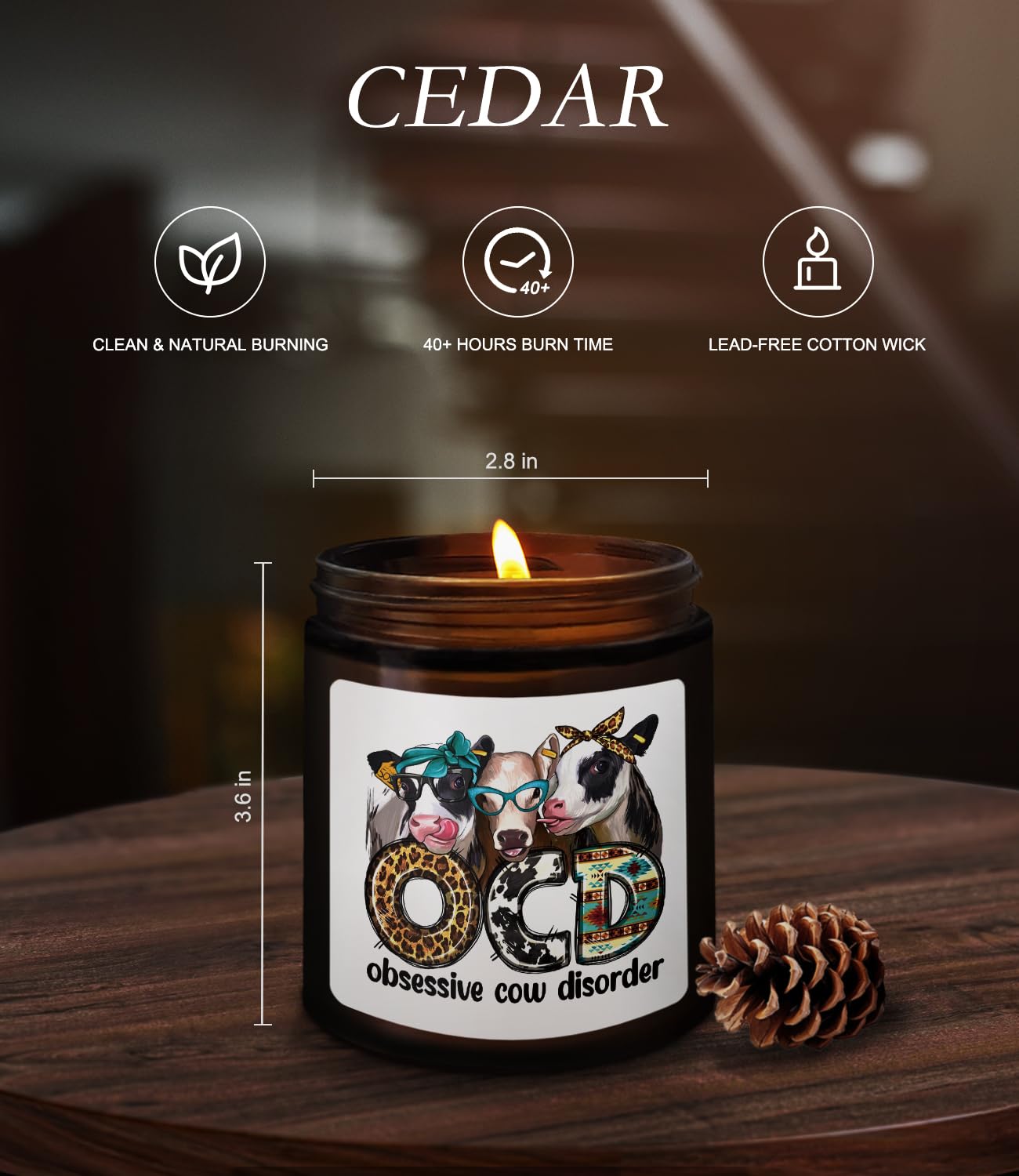 ISANOU OCD Obsessive Cow Disorder Funny Cows Candle,Western Birthday Candle Gifts for Women Friend Cows Lover,Cow Themed Gifts,Cedar Fragrance Scented Candles,8 oz, 028AH