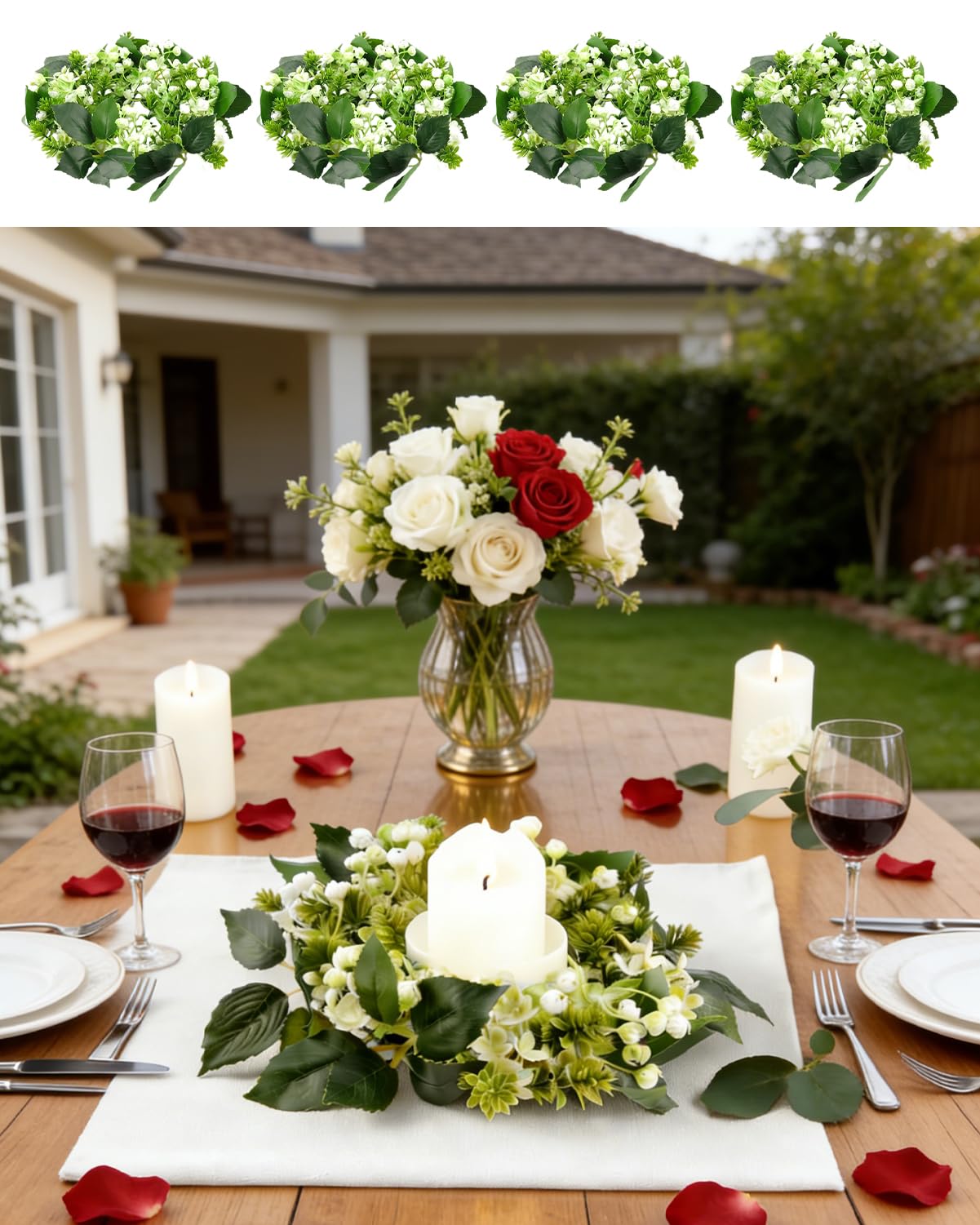 4 Pack Candle Rings Artificial Mini Greenery Wreaths for Candles 3 Inch Center Eucalyptus Floral Wreath for Wedding Centerpieces Party Home Table Window Decor White Green