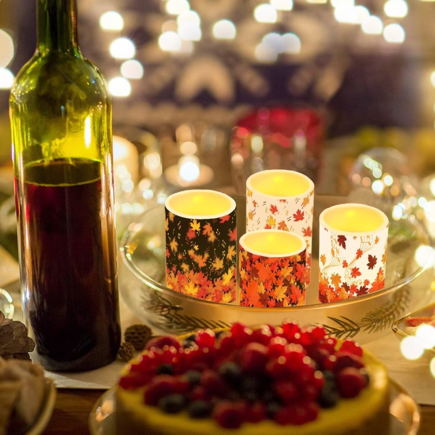 NETILGEN Thanksgiving Day Decor LED Flameless Candles Set Pack of 4 with Remote Control Timer, Dancing Flame Pillar Candles for Indoor Home Decoration Autumn Maple Leaf Print