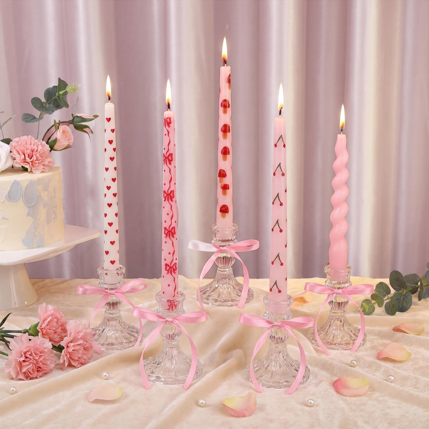 Nuanchu 12 Pcs Galentine's Day Taper Candles Valentines Heart Bow Pink Spiral Candle Sticks Real Wax for Valentines Day Bridal Shower Wedding Anniversary Birthday Dinner Table Home Decor