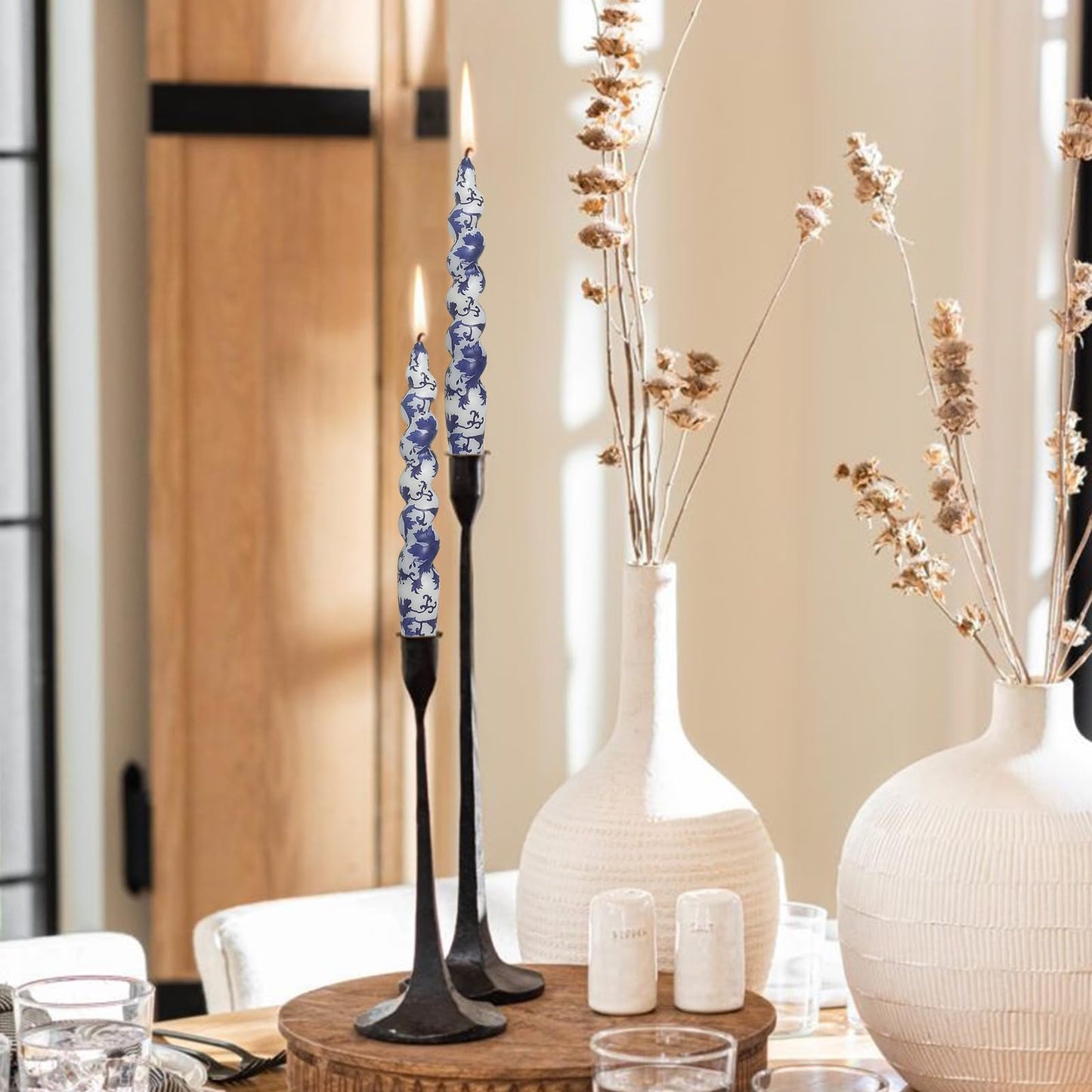 Short Taper Candle Blue and White Porcelain Candles Floral Print Spiral Candlesticks 7.5 Inch Handmade Candle Sticks for Home Wedding Party Decor Gifts Set of 2