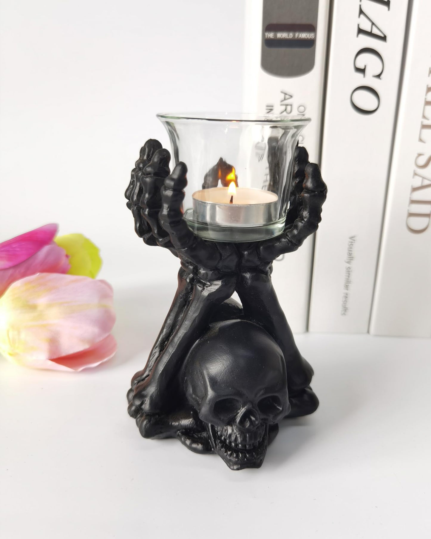 ZASEUCI Gothic Candle Holder & Hand Jewelry Holder – Skeleton Hand Organizer for Rings, Bracelets, Necklaces | Heavy-Duty Polyresin Display, Dark Decor for Halloween Gifts & Gothic Home Office