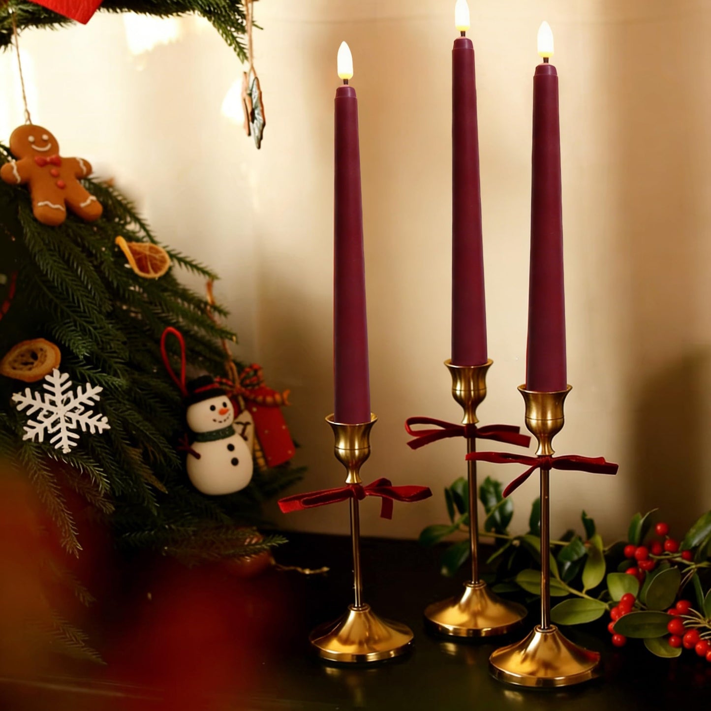 Ni-JASW Burgundy Flameless Taper Candles with Remote, Flickering Battery Operated LED Candlesticks Home Decor Set of 4