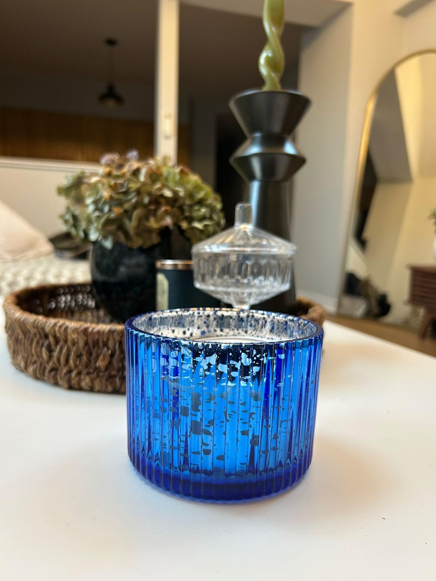 Ocean Breeze Scented Candle, 12 oz Triple Wick Candle in Blue Mercury Glass Jar, Lemon Blossom & Sea Salt Fragrance, Coastal Beach Home Decor, Reusable Decorative Jar (Blue, Malibu Lagoon)