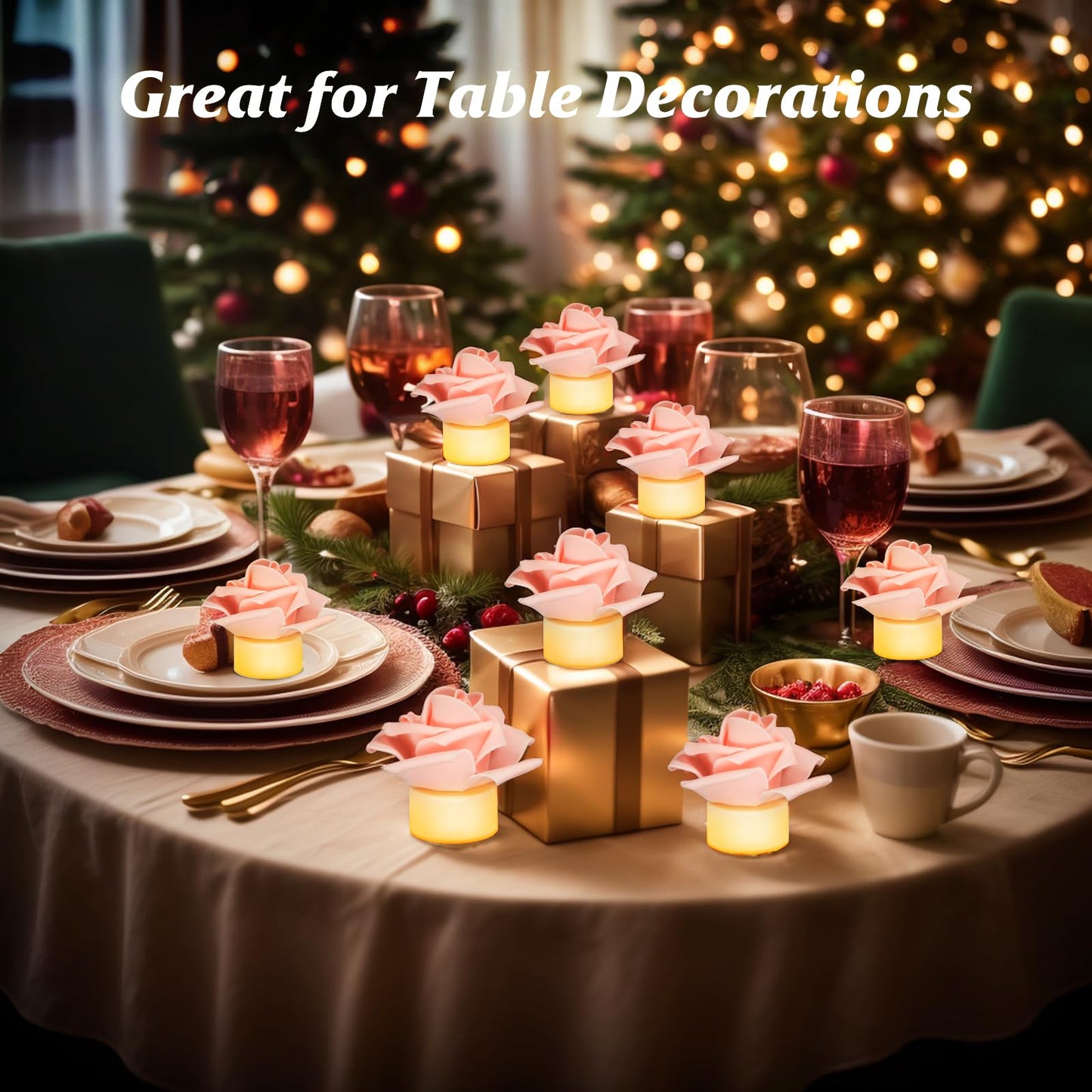 SupBri 12 Pack Led Candles with Artificial Flowers, 200+Hour Battery Operated Tea Lights Candles for Centerpiece Table, Party, Wedding Decorations (Pink)