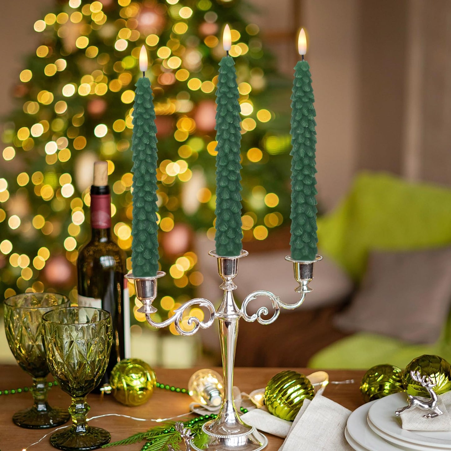 DRomance Christmas Tree Flameless Taper Candles Battery Operated with 10-Key Remote and Cycle Timer 4 Pack Real Wax 3D Wick Flickering LED Candlesticks Holiday Decor(Green, 0.79 x 9.9 Inch)