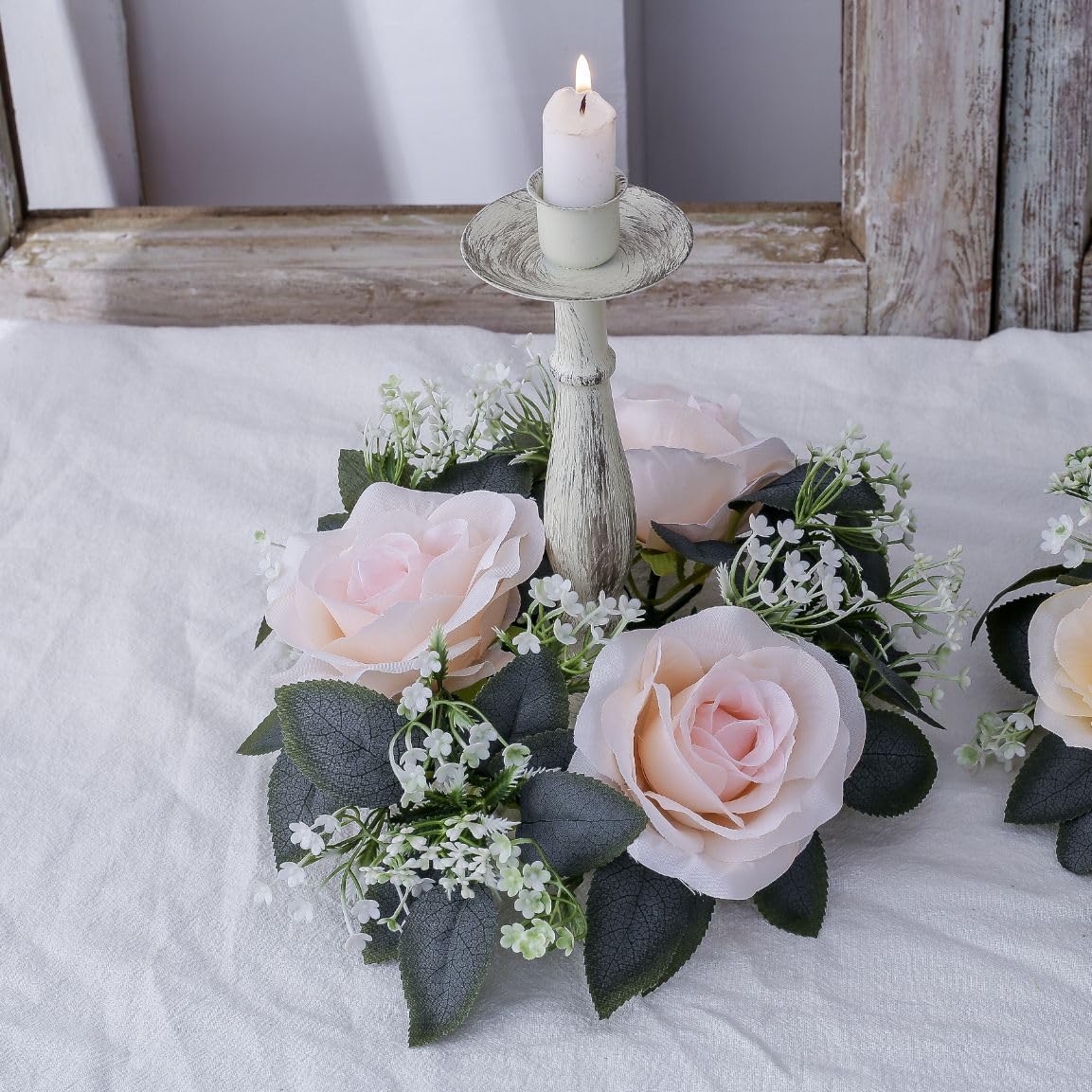 2 Pcs Artificial Rose Candle Rings,Floral Wreaths with Eucalyptus Leaves Greenery Garland for Pillar Candle Lantern Wedding Centerpiece Party Home Table Decor (Pink)
