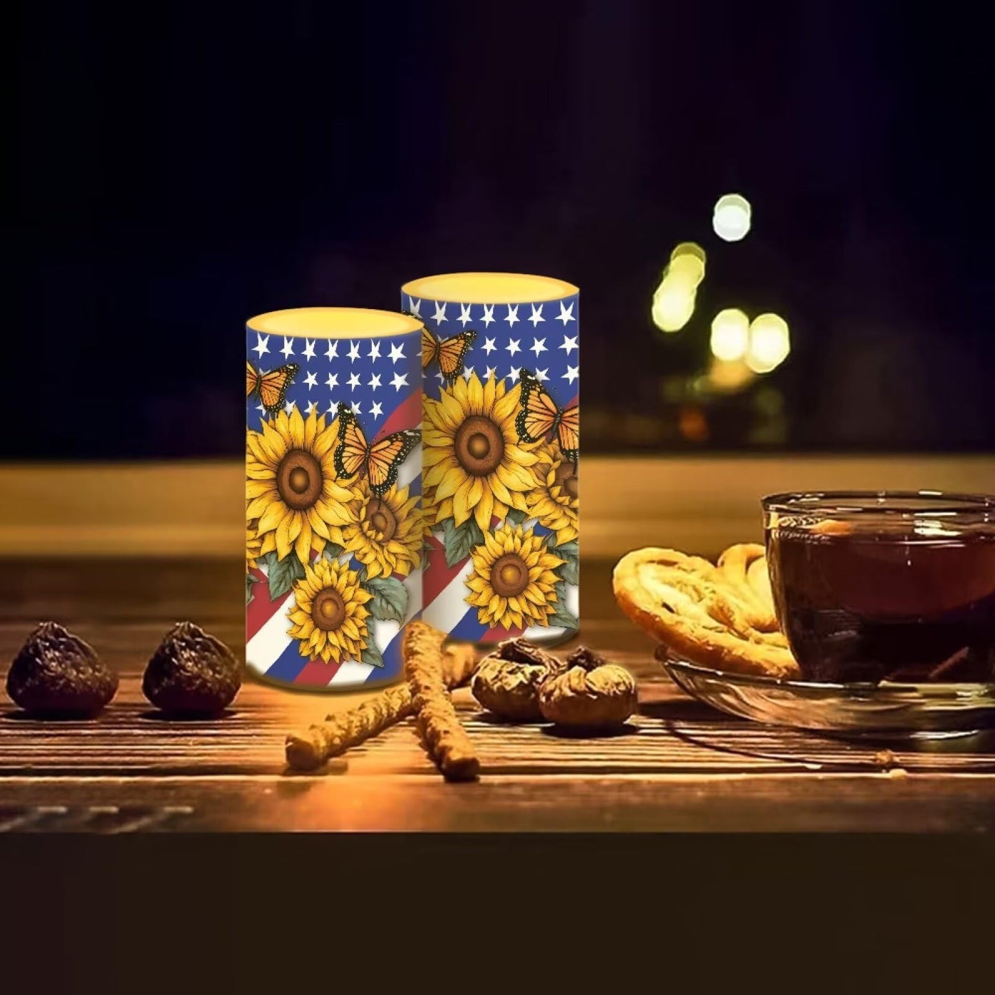 Luarisgur Independence Decorations Indoor Candles with Butterfly Sunflower American Flag Flameless Candles with Remote and Timer Set of 2 Battery Operated LED Candles for Festival Gift Home Room Decor