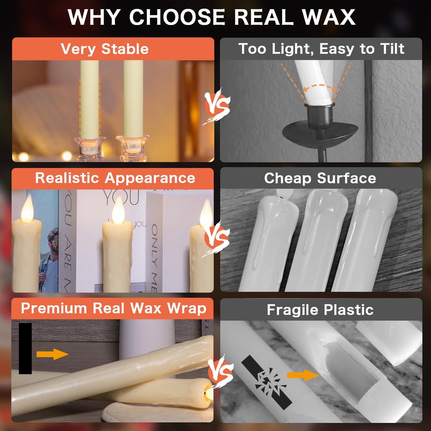 KSWING Upgraded Real Wax LED Flameless Taper Candles with Remote, 6 PCS Ivory Dripping Candlesticks Battery Operated 3D Flickering - 9.6" Long Realistic Fake Candle Sticks for Home/Wedding/Xmas Decor