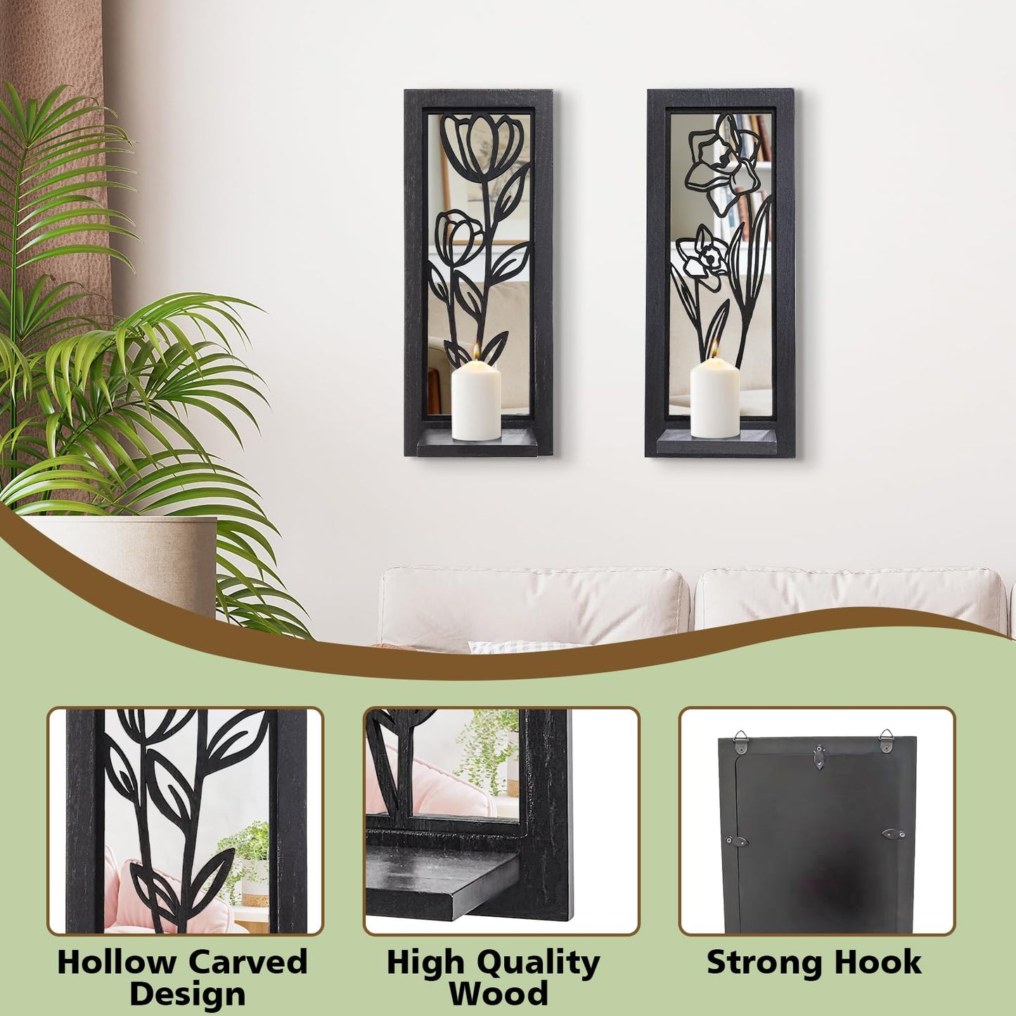 ZEXUIRU 2 Set Rustic Candle Sconces Living Room Bedroom Entryway Wood Mirrored, Farmhouse, Carved Frame Wall-Mount Wooden Candle Holders Wall Decor Hanging Handmade Holder - Black