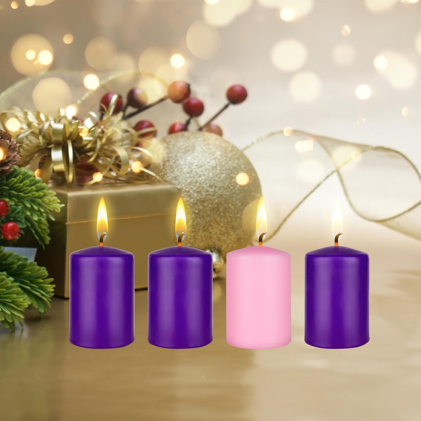 Mega Candles 4 pcs Unscented Christmas Advent Candles Set, Hand Poured Premium Wax Dome Top Round Pillar Candle 2 Inch x 3 Inch, Holidays, Festivities, Devotional, Church, Wreath, Party, Gifts