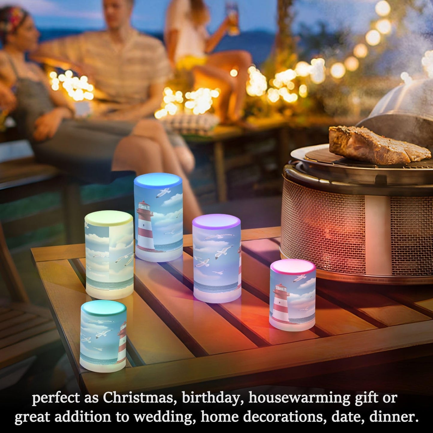 WEVIBOFU Lighthouse Seagull Beach Flickering Flameless Candles LED Battery Operated with Remote Timer Pillar Candles for Home Birthday Wedding Christmas Decor, Set of 2