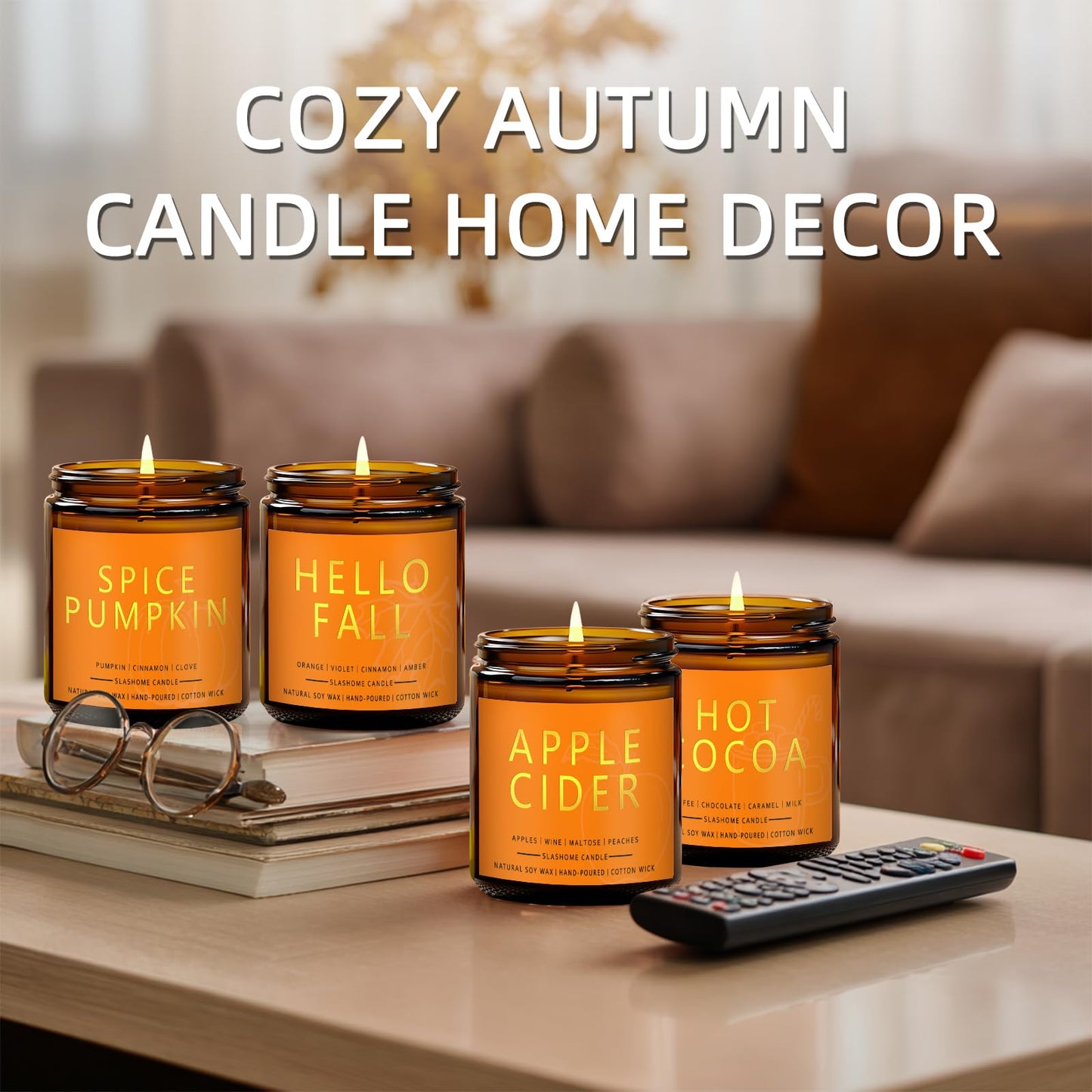 Fall Candles Set | 4 Pack Candles for Home Scented Natural Soy Wax, Autumn Gifts Set for Women Men, Fall Fragrance of Hellofall, Spice Pumpkin, Apple Cider, Hot Cocoa