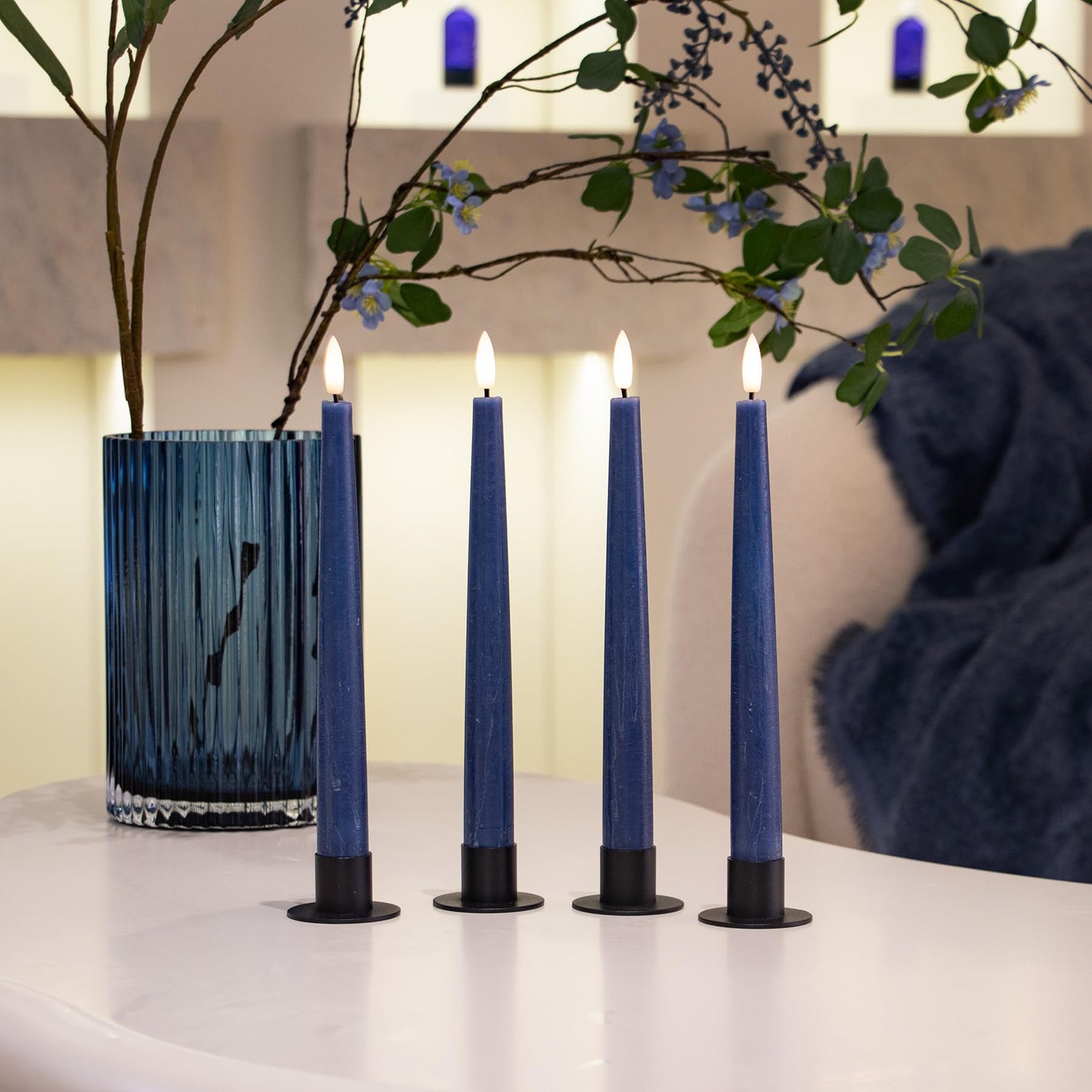 Fanna 9.6" Flameless LED Taper Candles with Timer in Real Wax, Battery Operated Rustic Wax Dinner Candlesticks with Remote, 8 Batteries Included - Set of 4 - Dark Blue