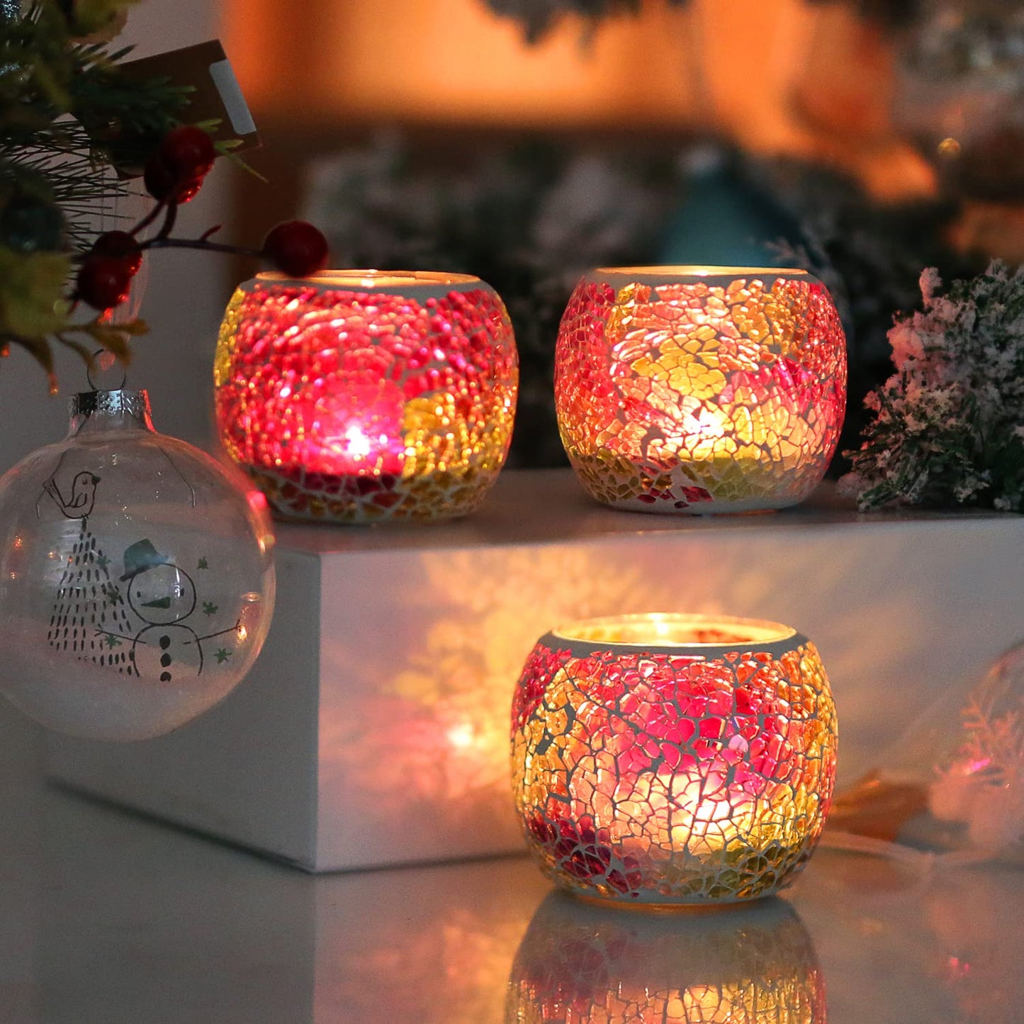 Votive Candle Holders for Table Centerpiece (NO Candles) Wedding Dinner by Candlelight,Tea Light Holders Mosaic Candle Holdes Candlescape Bowl for Valentine's,Christmas Party Decor 1 PC(Pink Green)