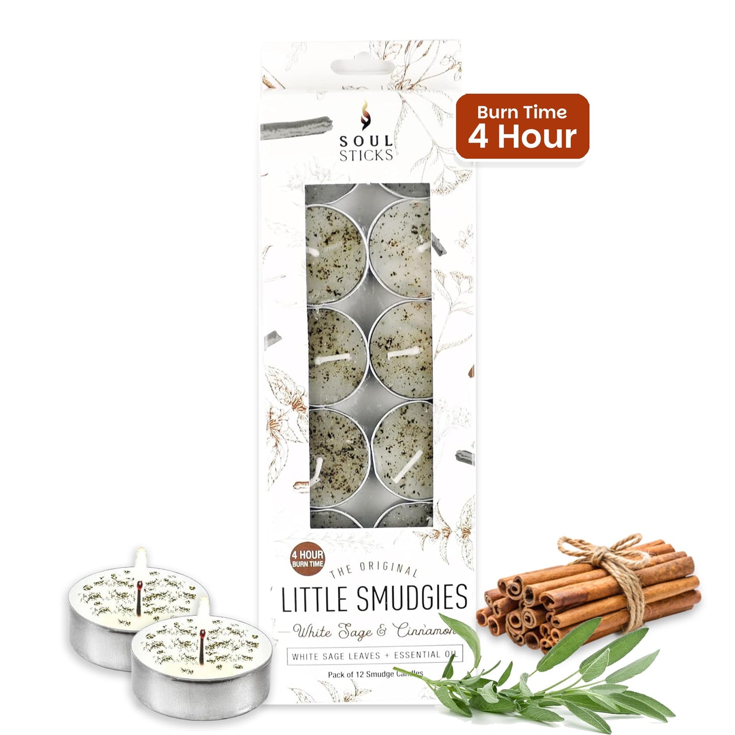 SOUL STICKS 12 Pack Little Smudgies Tealight Candles Smudge Candle for Cleansing House, Meditation, Chakra Healing | Made with Crystals and Herbs (White Sage & Cinnamon)