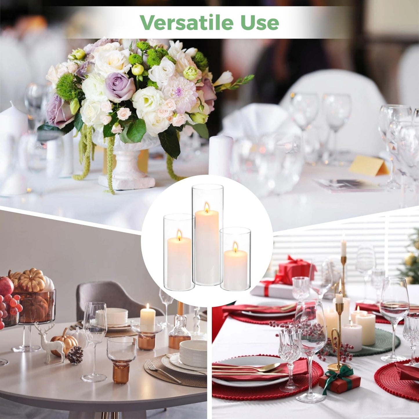 12 Pcs Glass Cylinder Candle Holders Bulk - Transparent Glass Hurricane Vases, Minimalist European Style with Multiple Size for Weddings and Restaurants