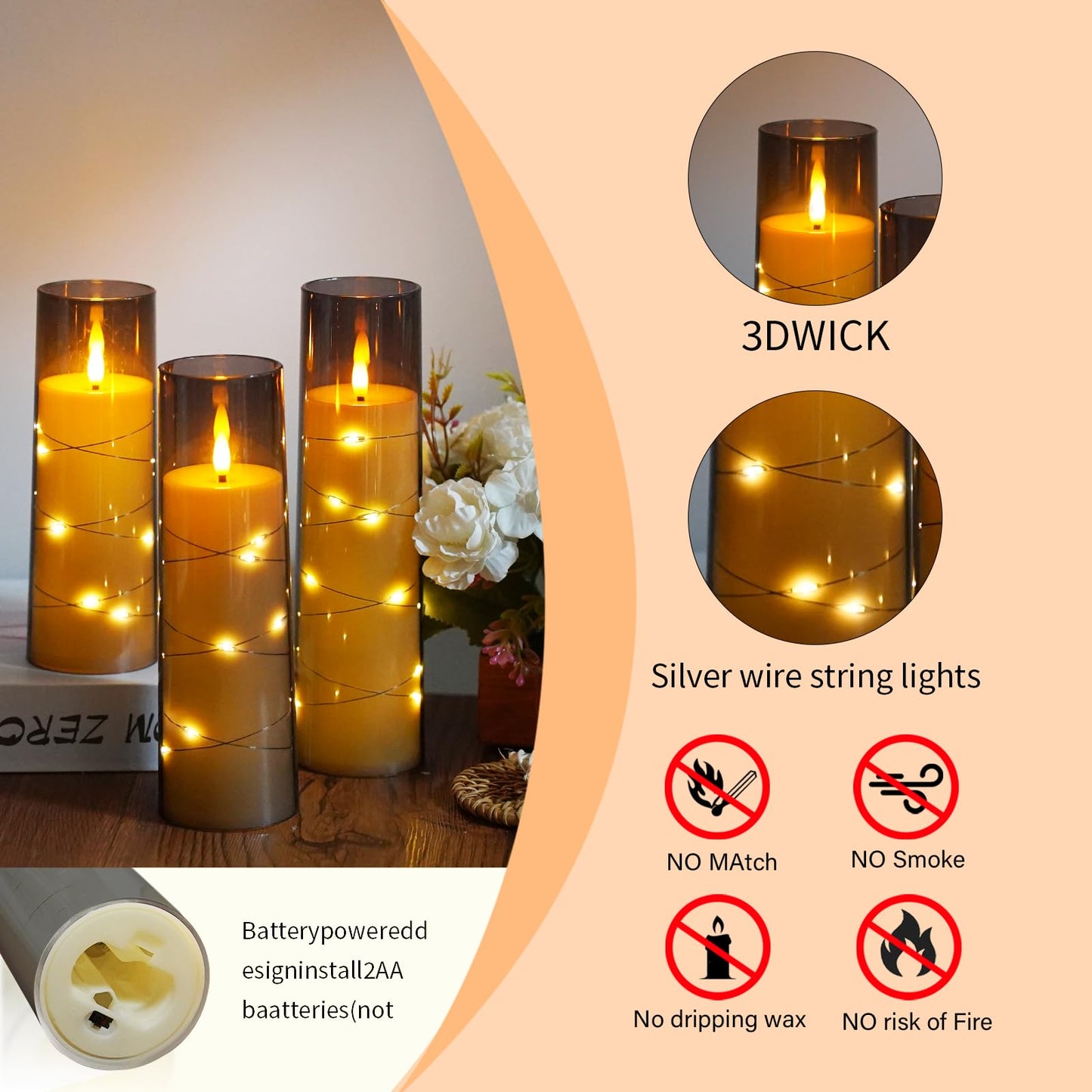 Flameless Candles,with Embedded Star String, Battery Operated Candles Flickering LED Pillar Candles with Remote Control and Timer, Home Decoration Add a Warm and Romantic Atmosphere,Set of 7 (Grey)