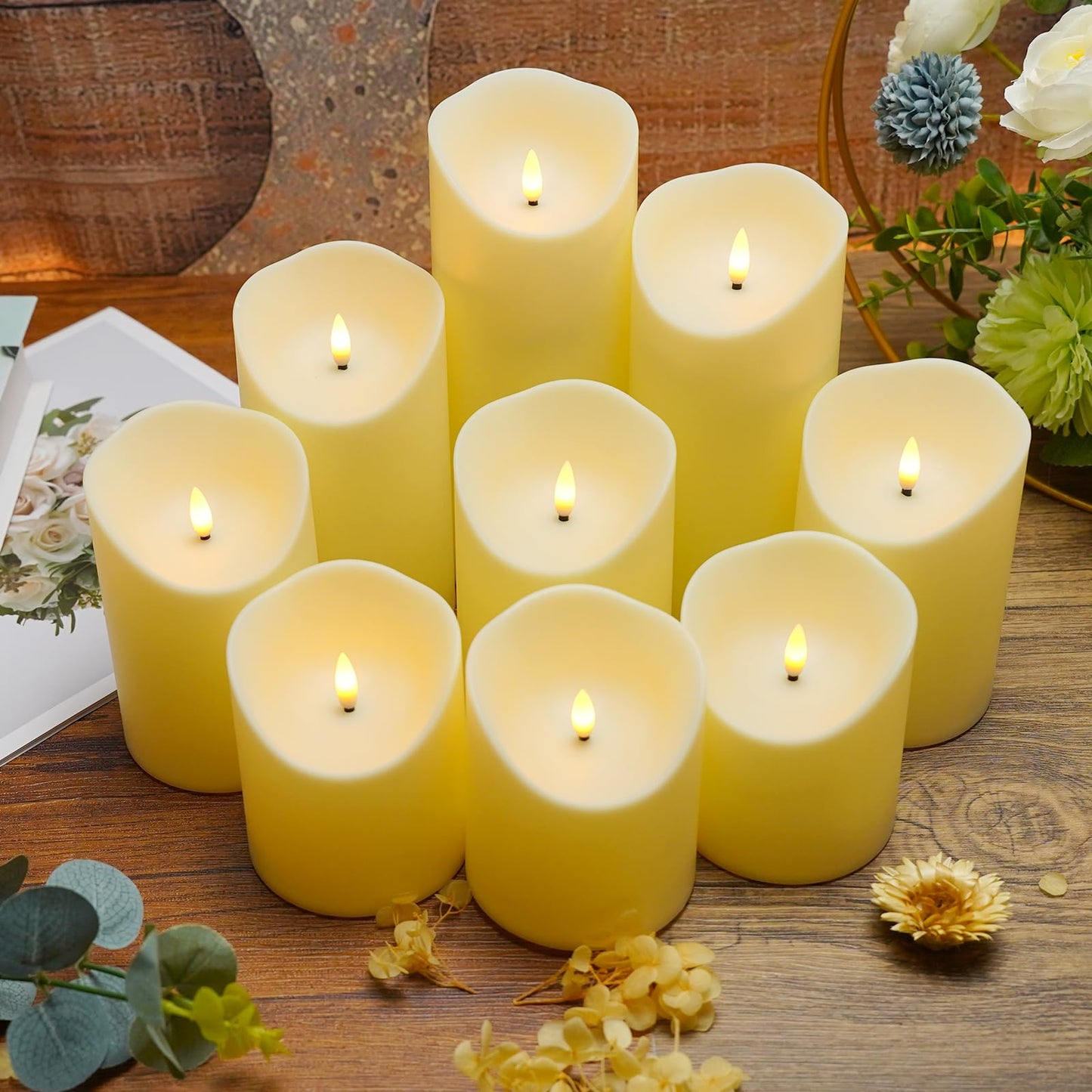 Nimiko Flameless Candles with Remote, Battery Operated Flickering Flameless Candles, LED Candles with Timer 2/4/6/8H, with Realistic LED Candles Set of 9 (D3 x H 3" 4" 5" 6" 7") (Ivory)