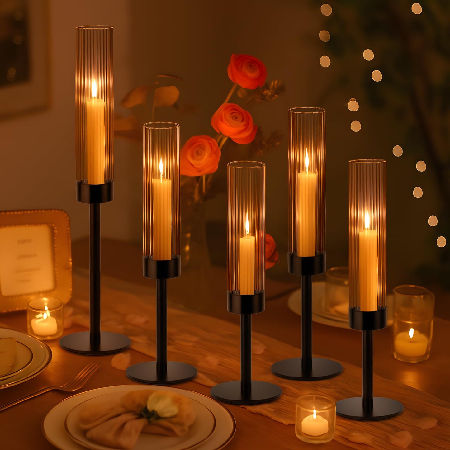 Black Hurricane Candle Holders, Set of 6 Glass Taper Candlestick Holders Metal Candle Stands Bulk with Ribbed Glass Cover for Dining Tables Wedding Candelabra Centerpieces Decor