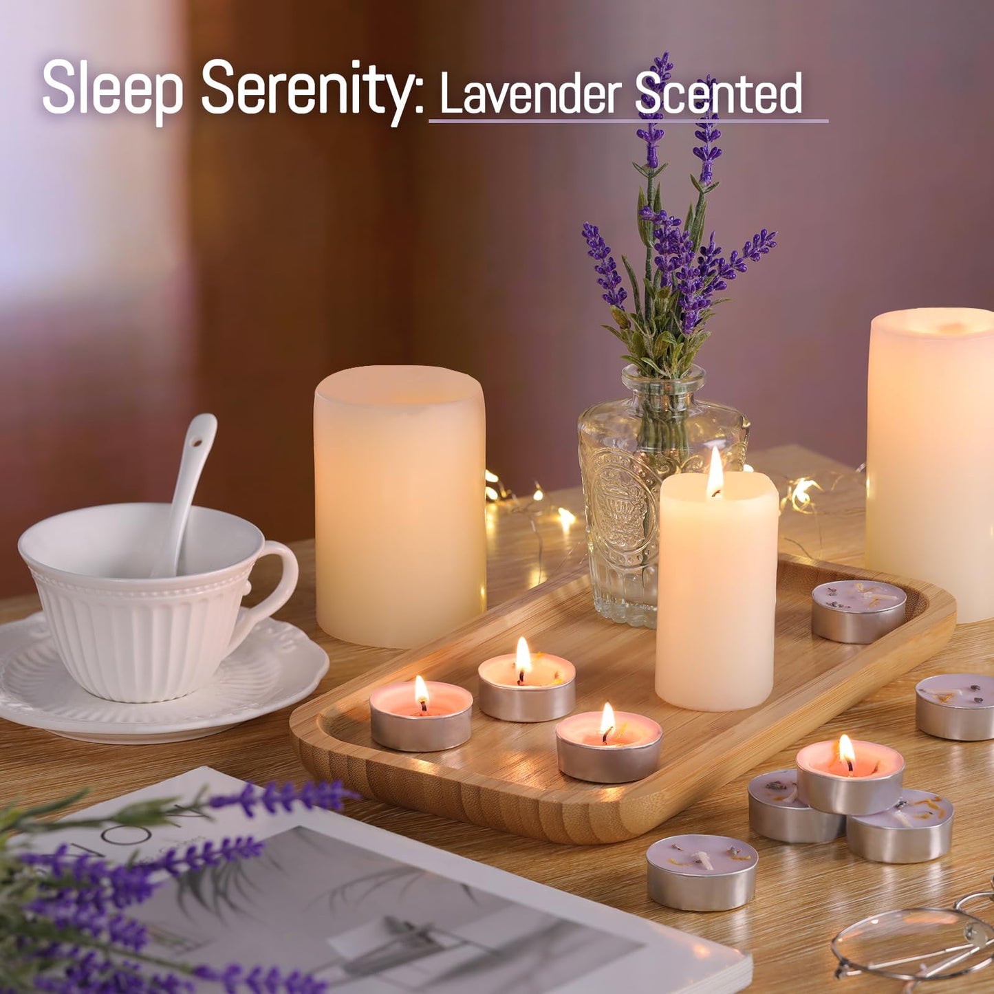 HAVITI 15 Pcs Lavender Scented Tealight Candles, Tea Lights Candles, 4H Smokeless Palm Wax Purple Tea Candle for Weddings,Christmas,Spa, Bath