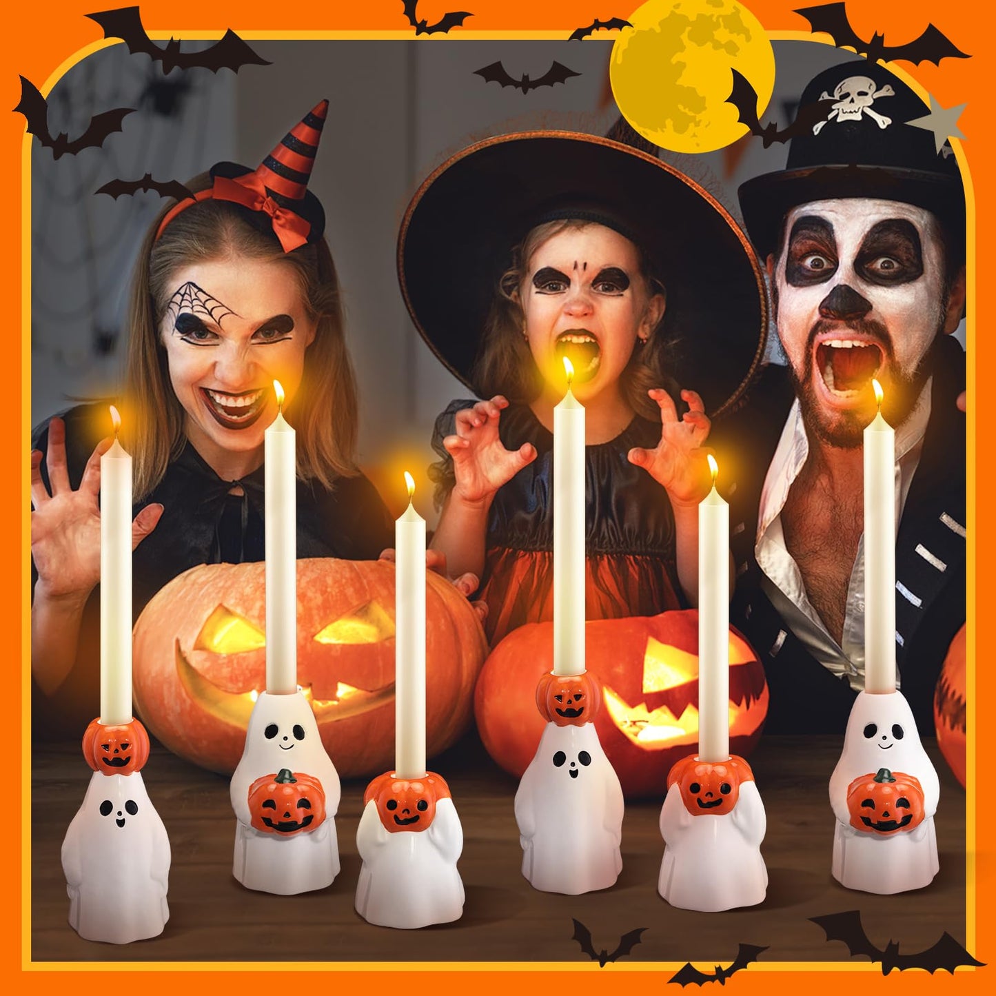 LemonRoad 6 Pcs Halloween Taper Candle Stick Holder Ceramic Ghost Holding Pumpkin Candlestick Holder Bulk Cute Halloween Decor Indoor Ghost Figures for Party Favors Gifts Table Centerpieces