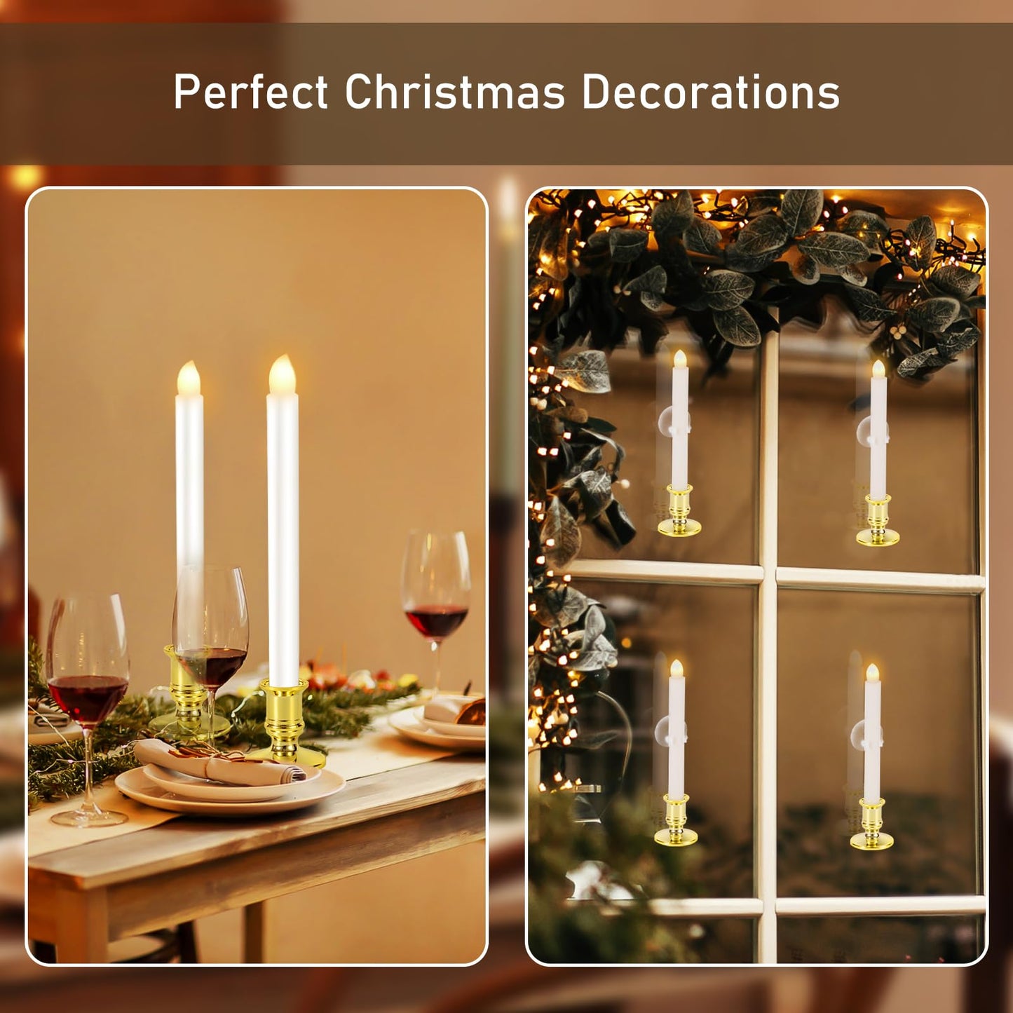 Qmioti 2 Pack Christmas Window Candles with Remote Timer, Flickering Flameless Candles with Candle Holders Suction Cups for Christmas Party Decorations, Gold