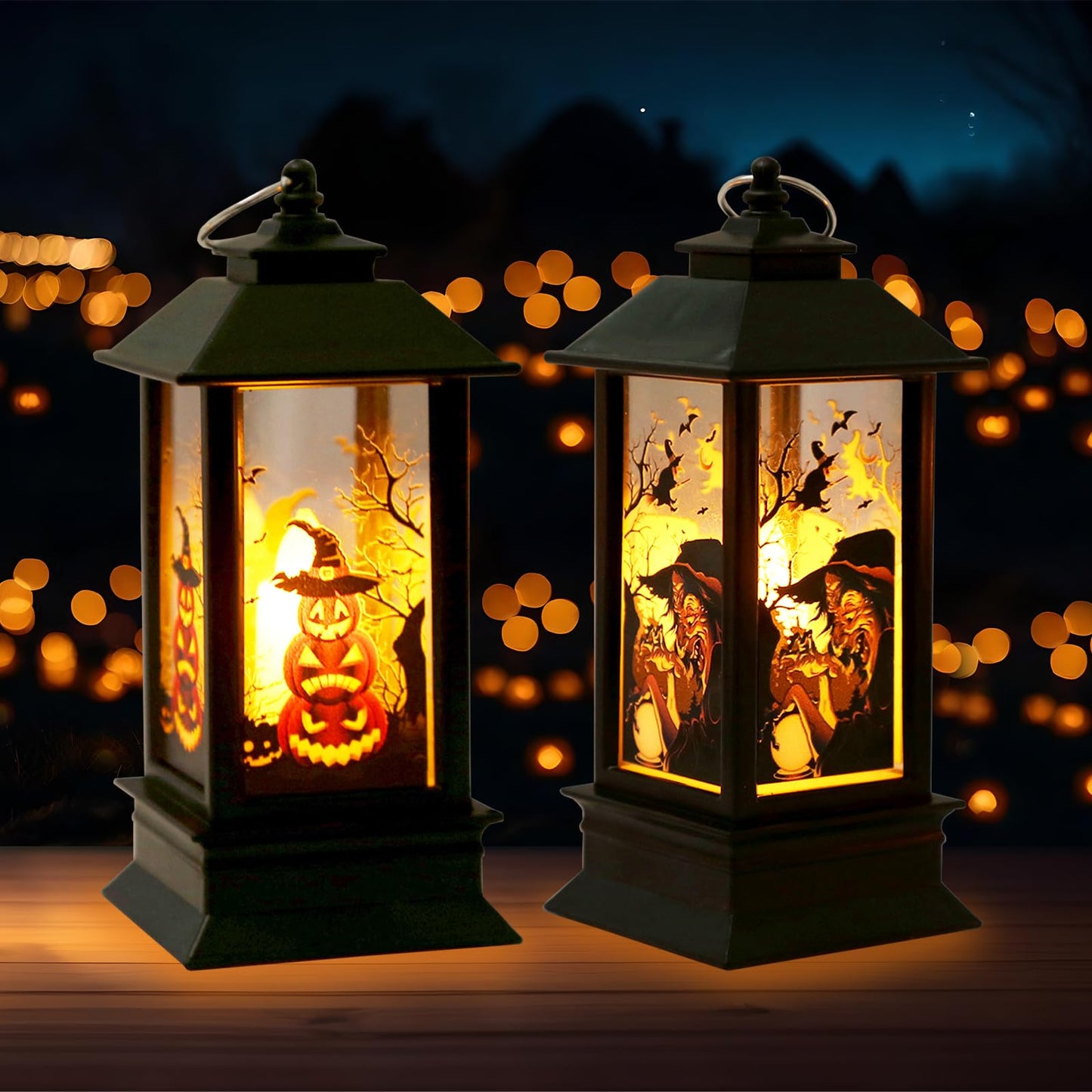 2 Pieces Halloween Lanterns Decoration 5.1" Height Retro Hanging Lamp Halloween Witch Flameless Candle Holder with Transparent Pumpkins Lantern Gift for Home Trick or Treat Party Supplies
