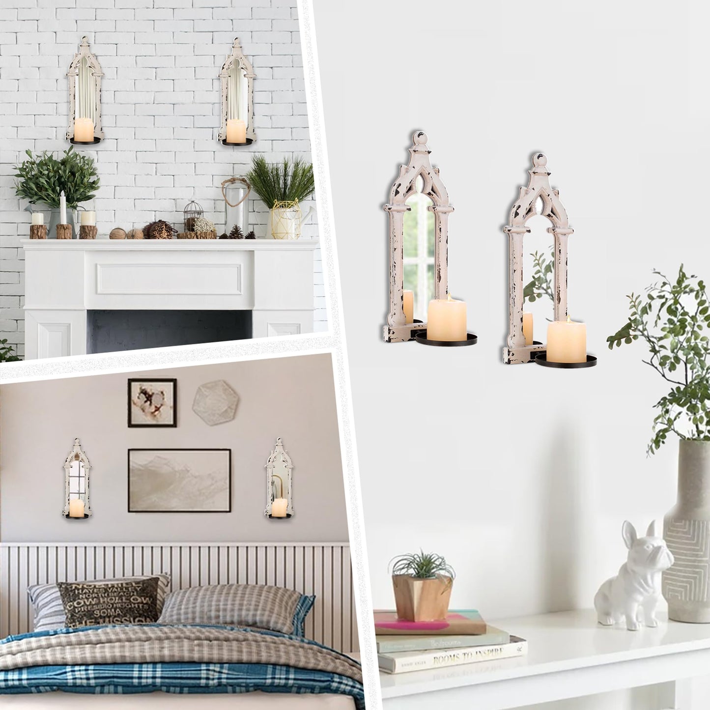 Walasis Farmhouse Mirror Wall Candle Sconces Set of 2 - Shabby Chic Decor Rustic Candle Holder French for Bathroom Living Room Mirrored Sconce