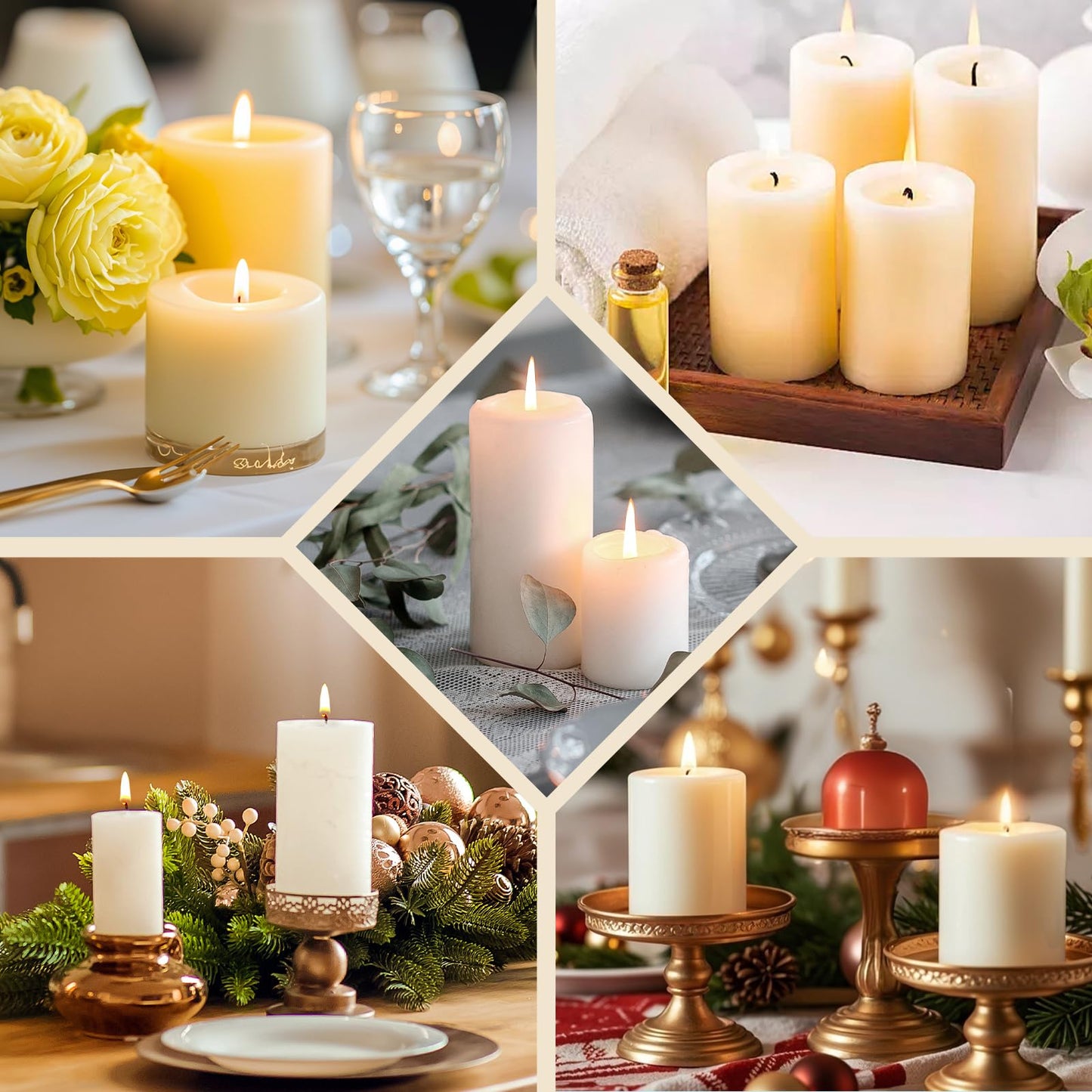 Uscented Pillar Candles, Ivory Pillar Candle Set of 4, 3 x 6 Inch Dripless and Smokeless Large Pillar Candles for Dinner Table, Christmas and Home Decor 45 Hours Long Burning Time