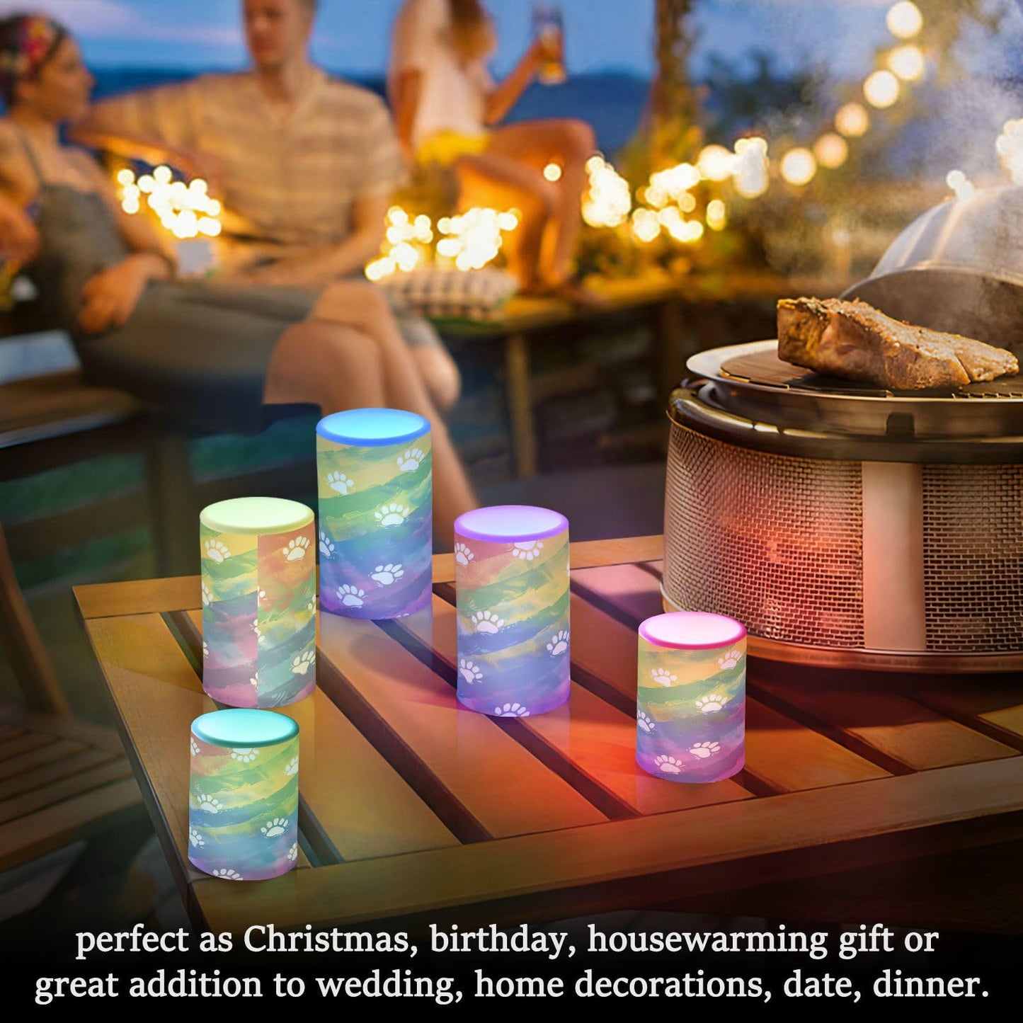 Animal Dog Cat Paw Prints on Rainbow02 Flickering Flameless Candles Battery Operated with Remote Timer,Tea Light Candles LED Pillar Votive Candles Set of 2 for Outdoor Indoor Decorations
