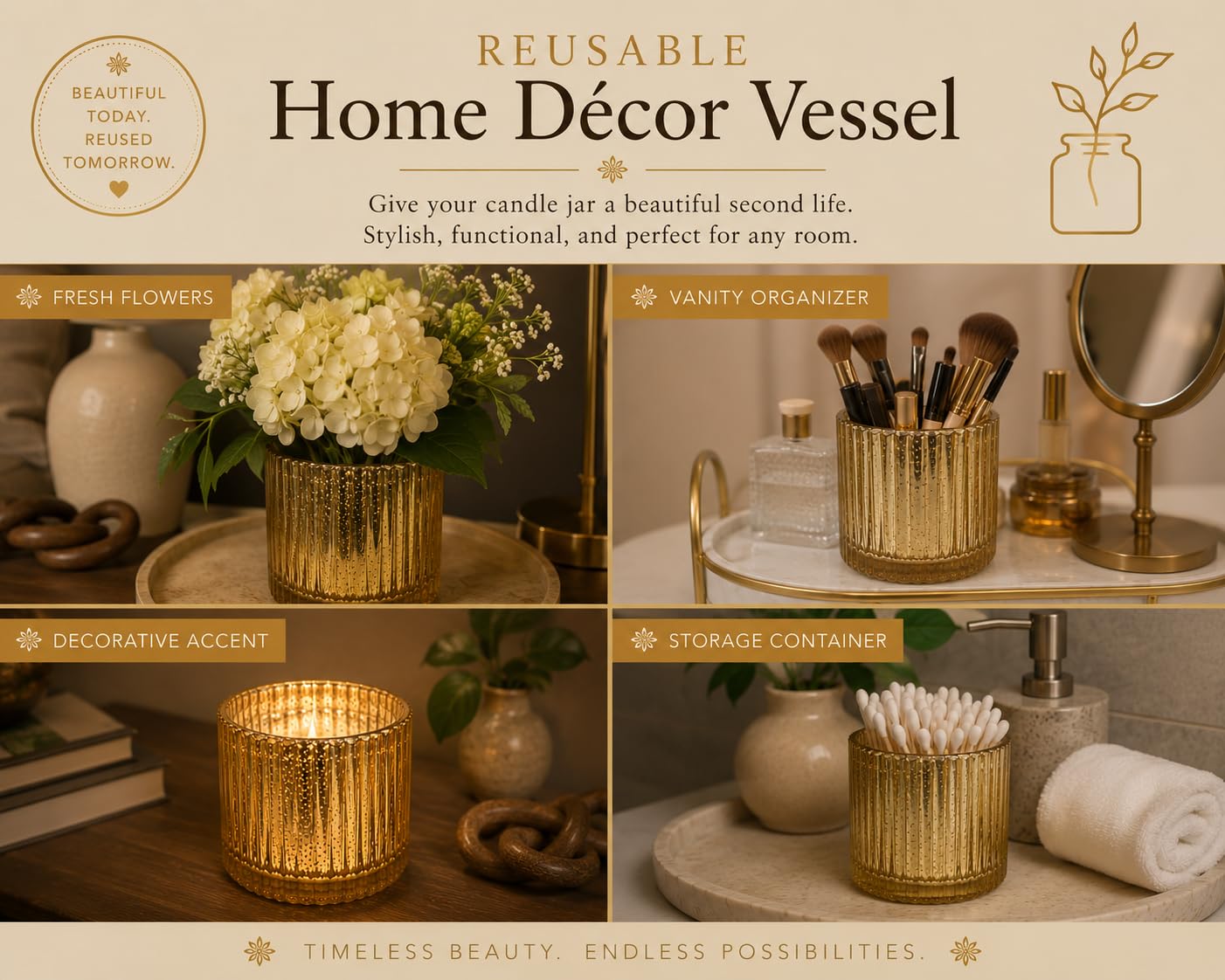 Vanilla Scented Candle, 12 oz Triple Wick in Gold Mercury Glass Jar, Warm Vanilla Fragrance, Decorative Home Candle, Reusable Luxury Glass Container, Luxury Breeze