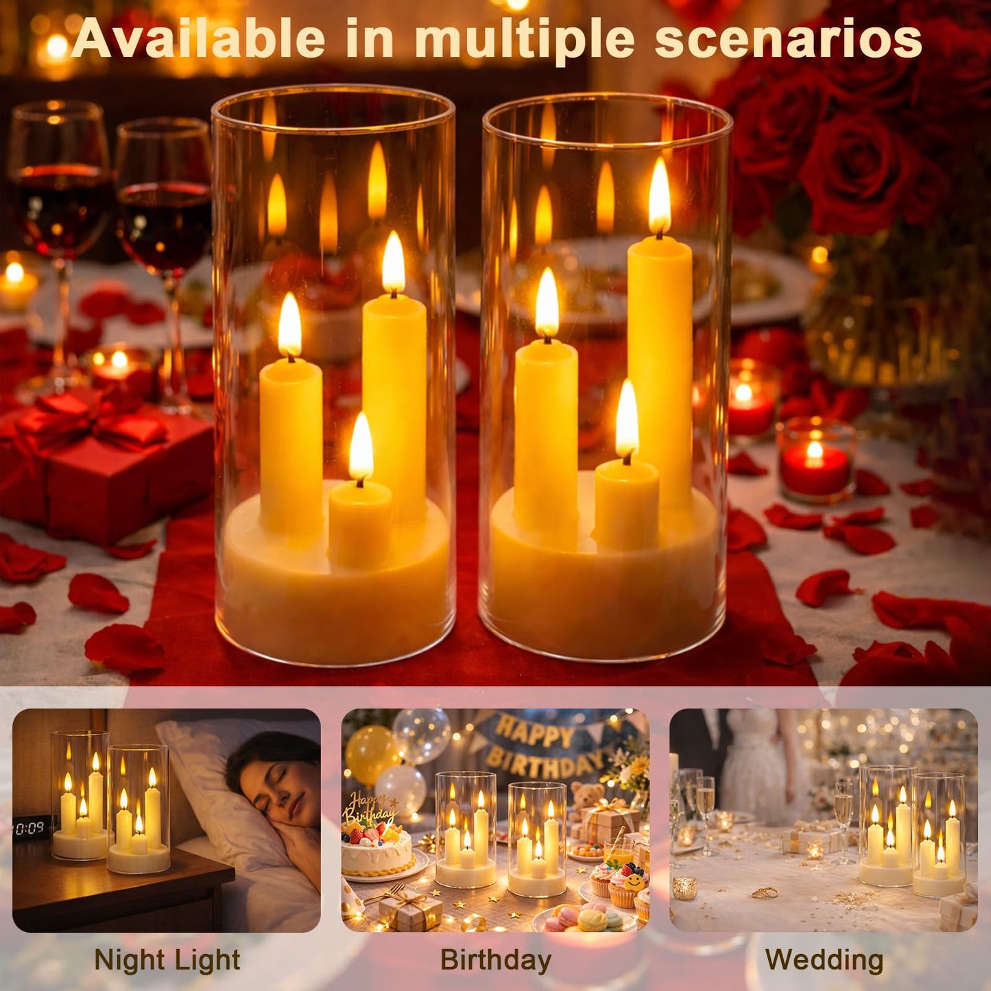 Eynshoo Flameless 3-in-1 Cone Candle with Remote & Timer, Battery-Operated LED Candle with 3D Flickering Wick, Acrylic,for Home Decor, Holiday Parties & Wedding Centerpieces(2pcs)