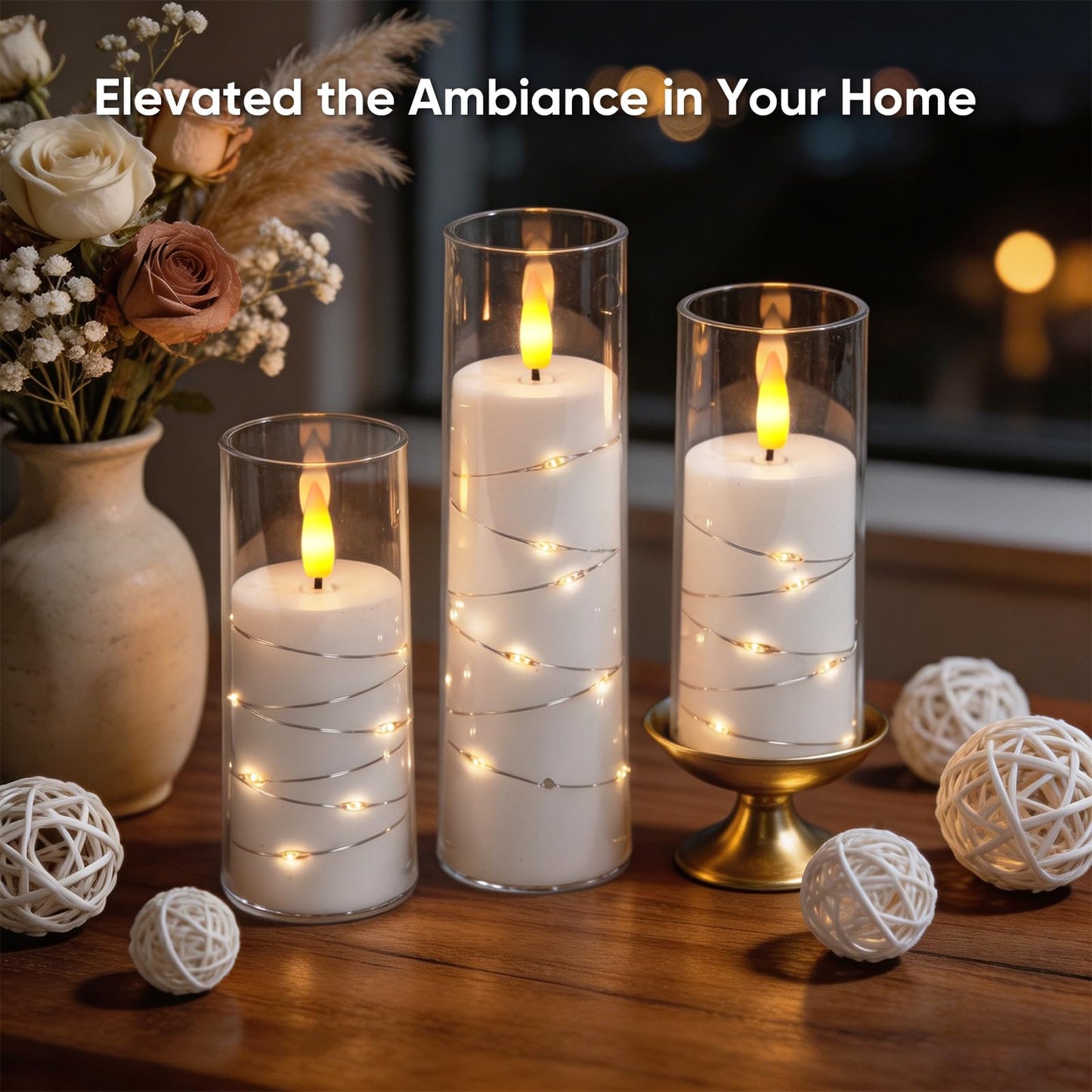 Raycare Flameless Candle with Remote Timer, 3 Flickering Acrylic Battery Operated LED Pillar Candles with Embedded Star String for Home Decor(White)