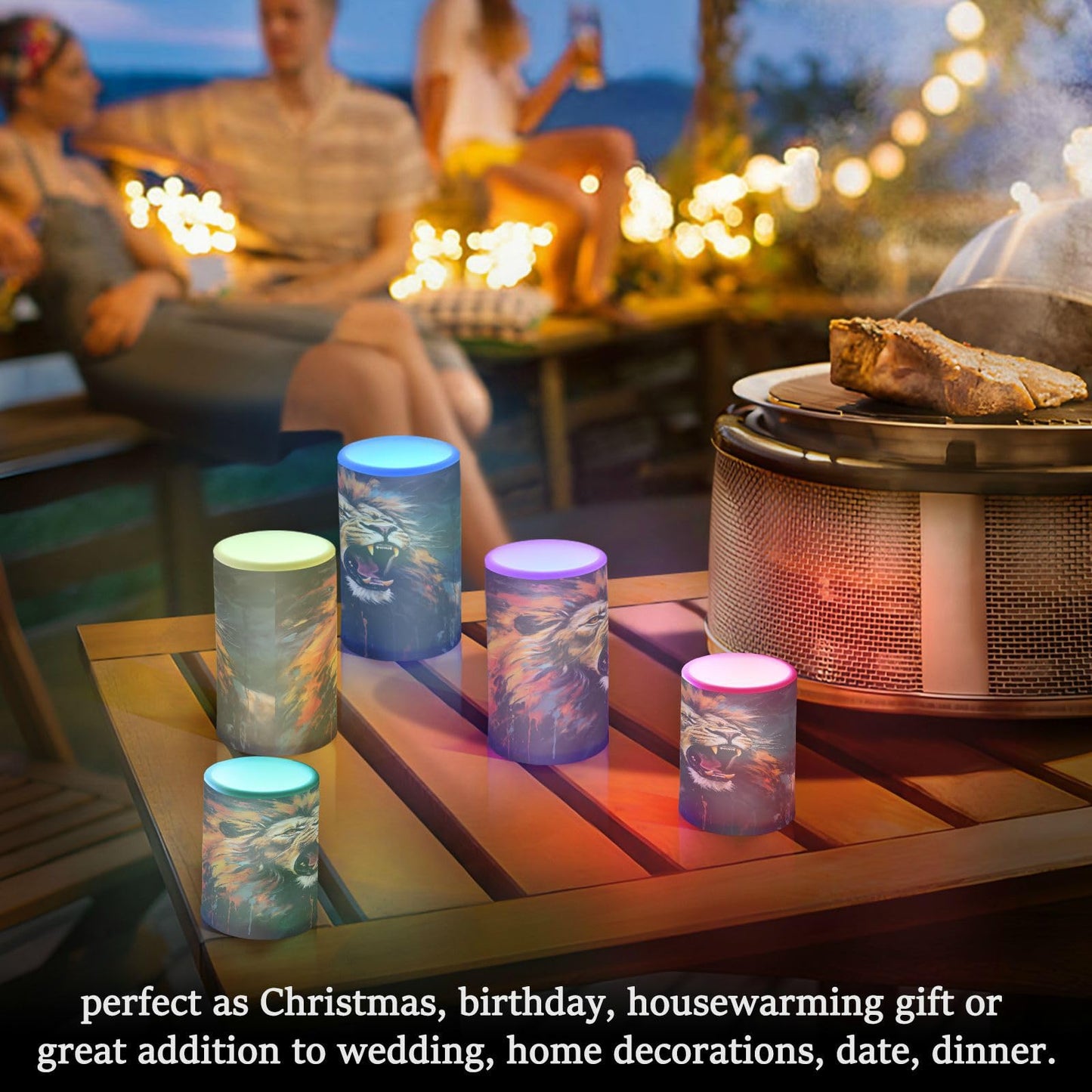 Lights Flameless Candles Painting Roaring Lion Pillar Candles Set of 2 Battery Operated Remote Control Warm Lights Home Decor