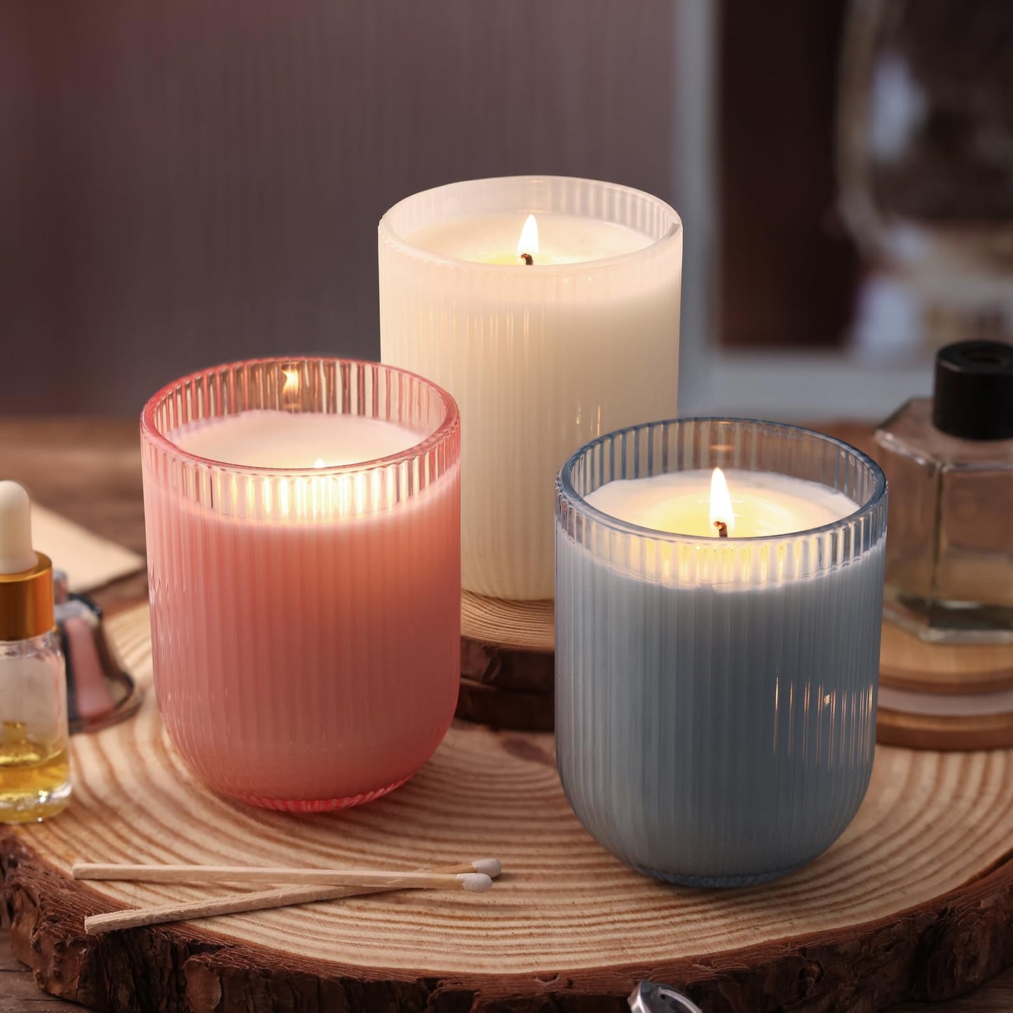 REISEN 12PCS Milky White Ribbed Candle Jars for Making Candles, 8.5 OZ Empty Glass Candle Making Jars with Bamboo Lids, Candle Wick Kit and Sticky Warning Labels, Candle Vessels for Candle Making