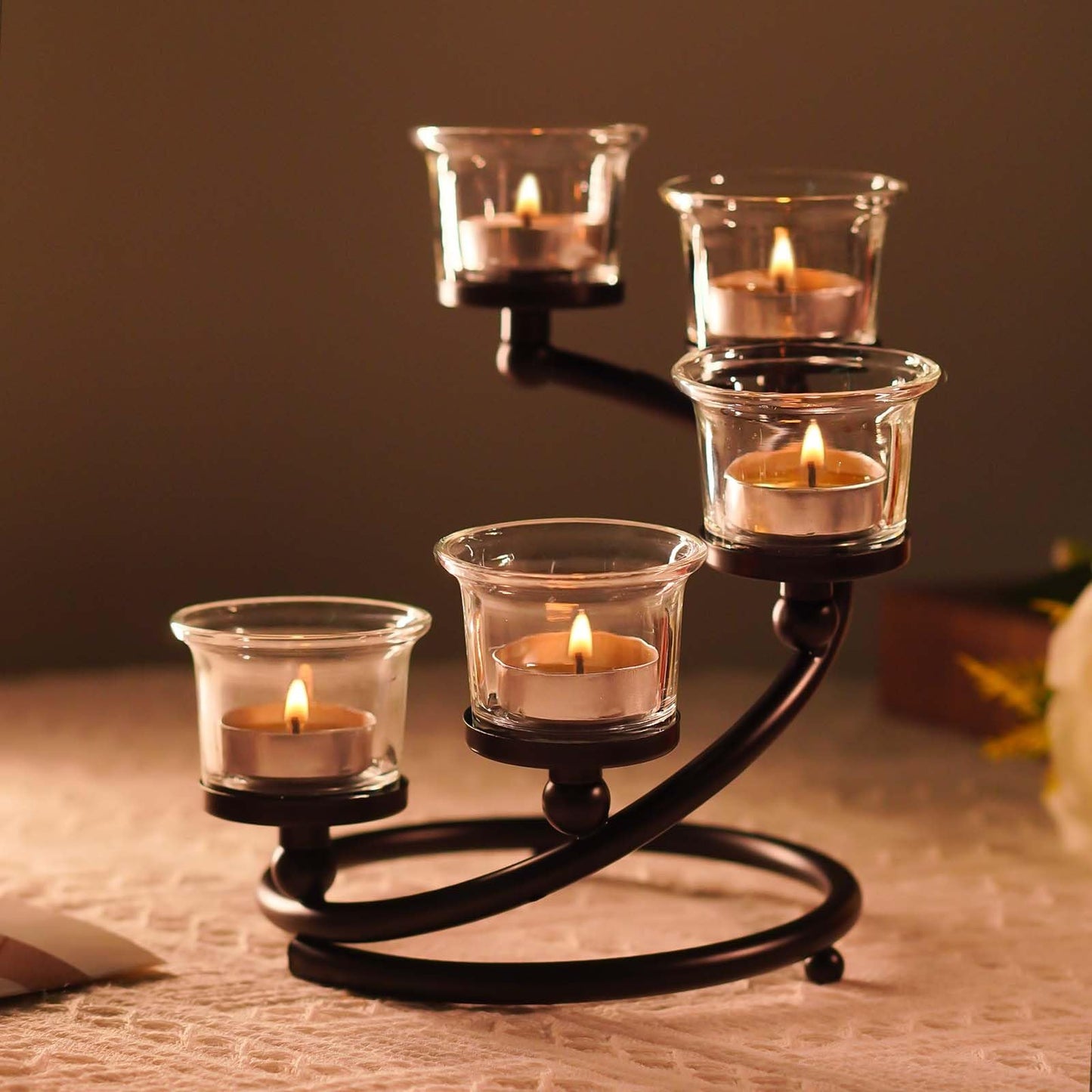 Kolnlala 1PC Clear Chunky 5 Cups Metal Tea Light Candle Holders for Table Centerpiece, Glass Votive Tealight Holders/Candelabra Candlestick Holders for Wedding,Party, Anniversary,Christmas(Black)