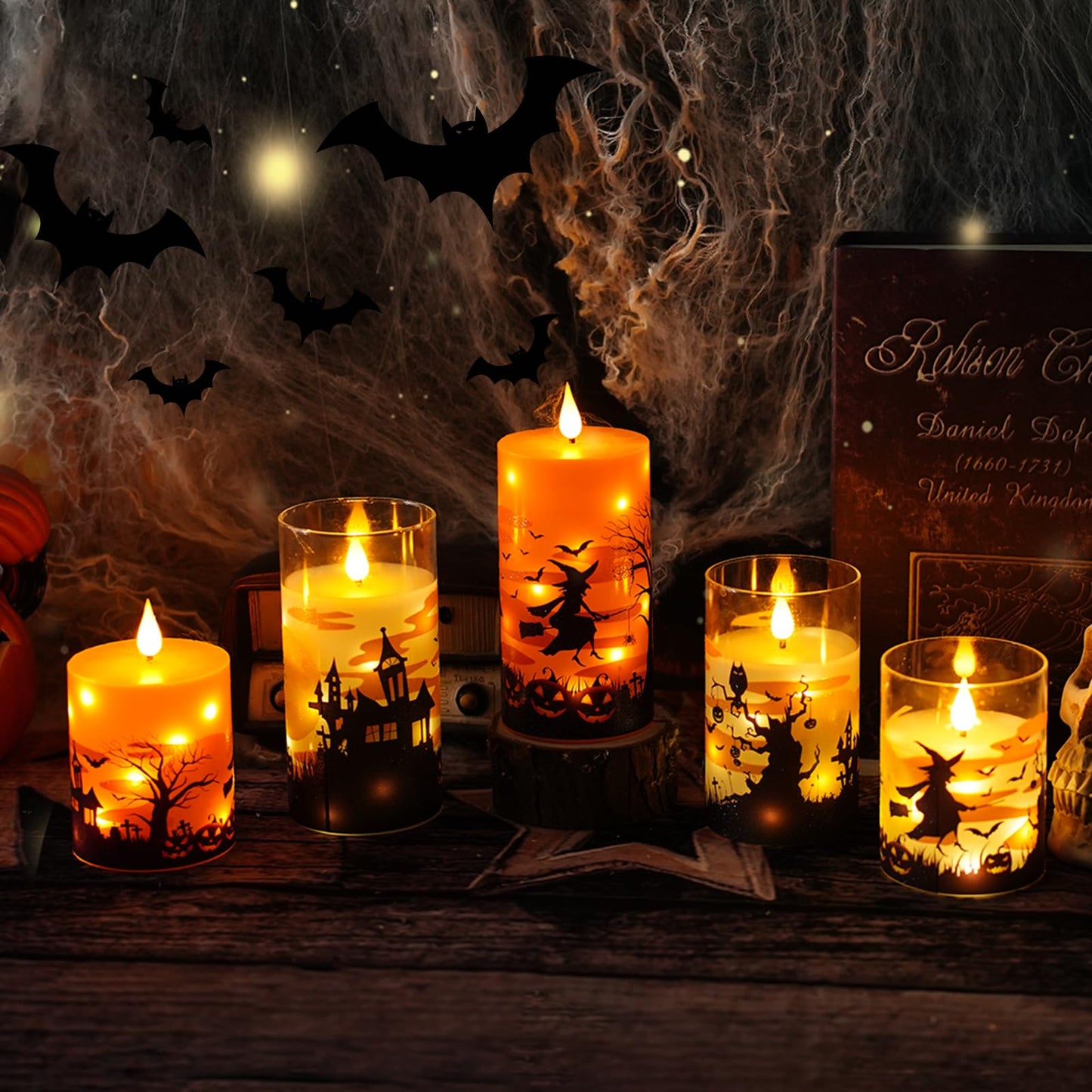 JINYANIA Flameless Candles Real Wax Realistic Halloween Candles with Glass Shell, Battery Operated LED Pillar Candle with Remote Timer, Ideal for Halloween Home Decor(D 3"*H 4" 5" 6" )