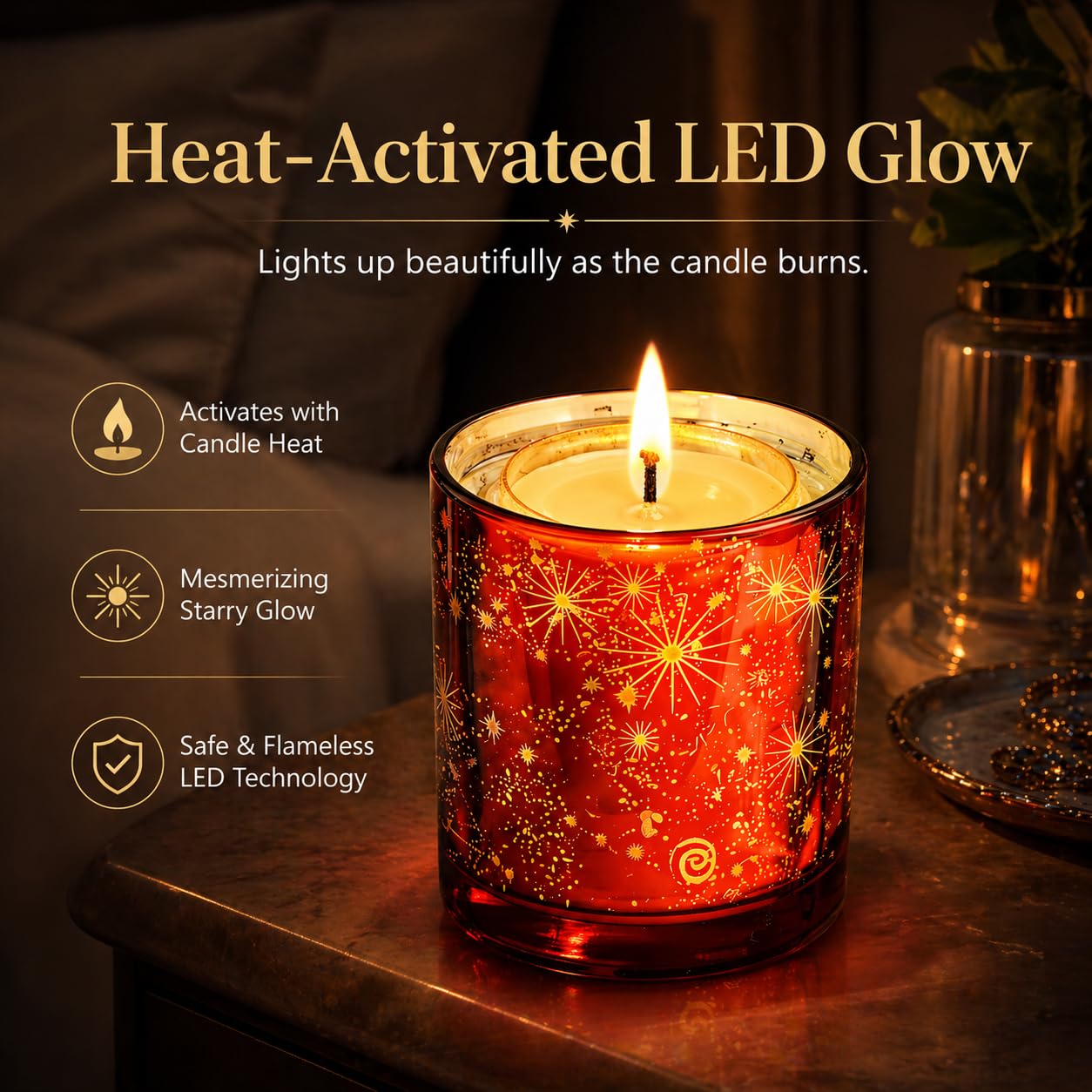 Viyffo 12oz LED Light Up Scented Candle, Lavender & Eucalyptus Soy Candle, Decorative Red Glass Jar Candle, Non Toxic Home Fragrance Candle, Gift for Women, Bedroom, Bathroom & Living Room