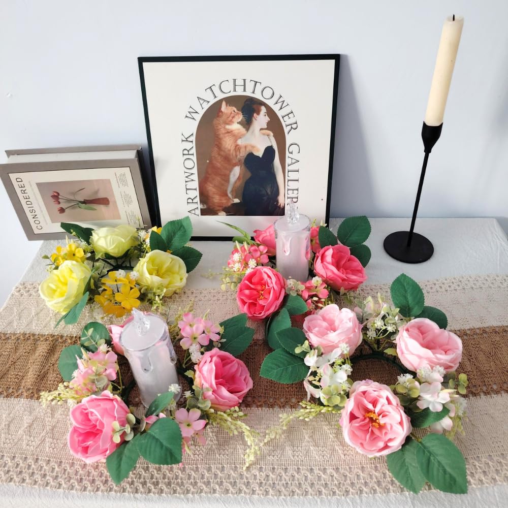 Set of 4 Artificial Rose Daisy Flowers Candle Rings Wreaths 3 Inch Center Green Eucalyptus 8" Floral Small Wreath for Pillars Spring Easter Wedding Party Home All Season Decor (Pink C)