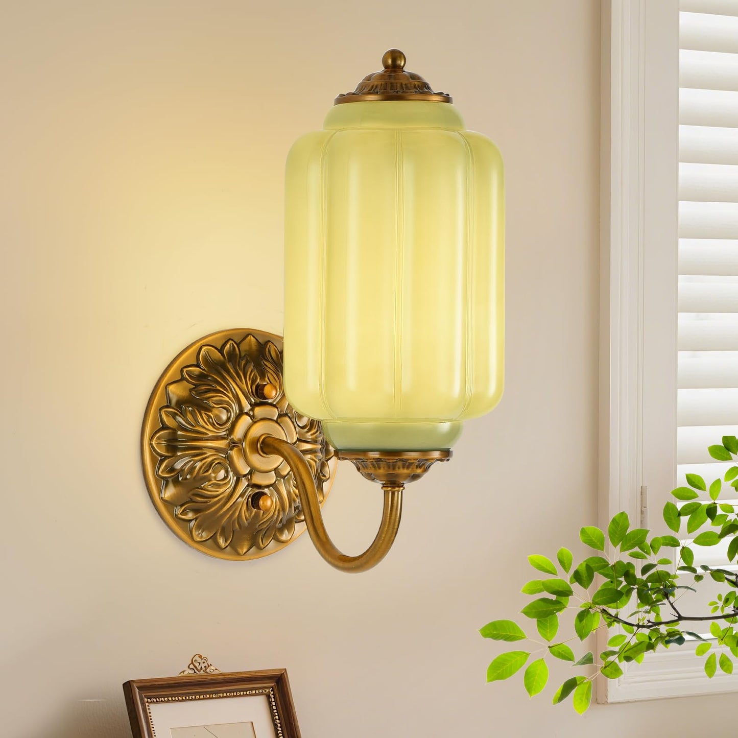 Pandaluna Vintage Wall Sconce, Green Milk Glass Light Fixture, 5.5In Art Deco Antique Wall Sconce for Bedroom Bathroom Living Room Hallway Entryway, E12 LED Bulb Included, Retro Gold & Green 2 Pack